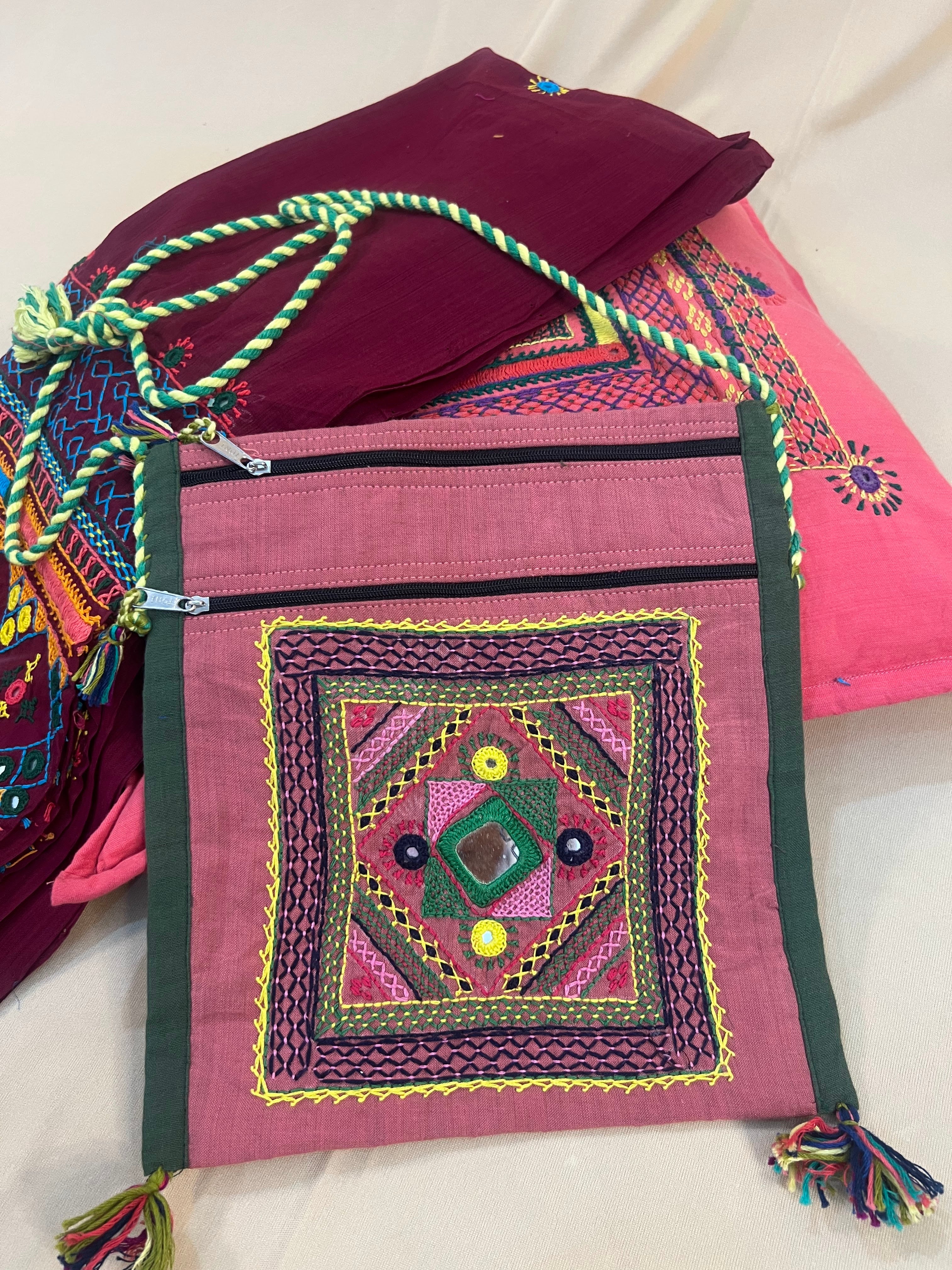 Dusty Rose Handloom Cotton Sling Bag with Tribal Mirror Embroidery