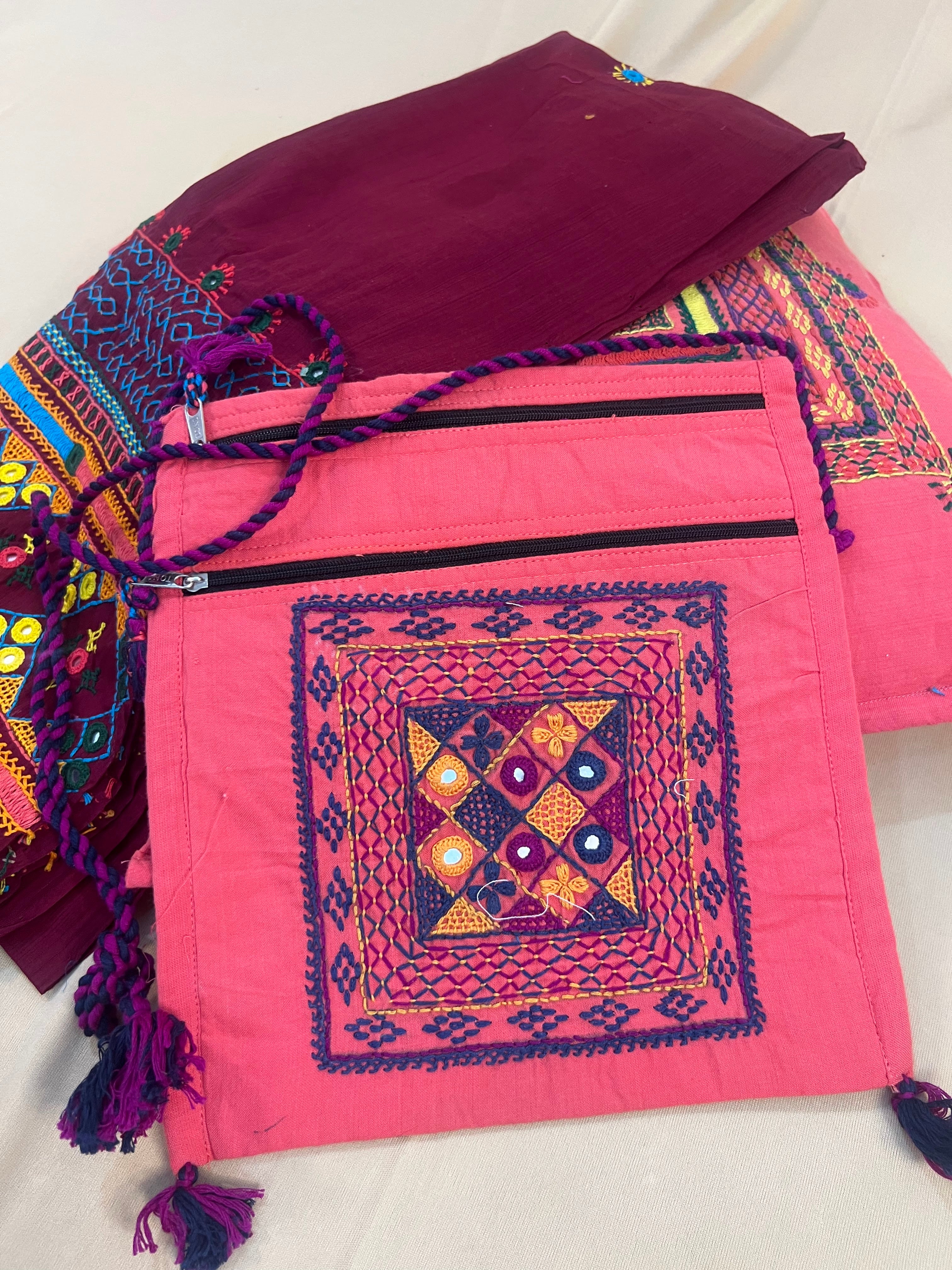 Coral Pink Handloom Cotton Sling Bag with Tribal Embroidered Patchwork