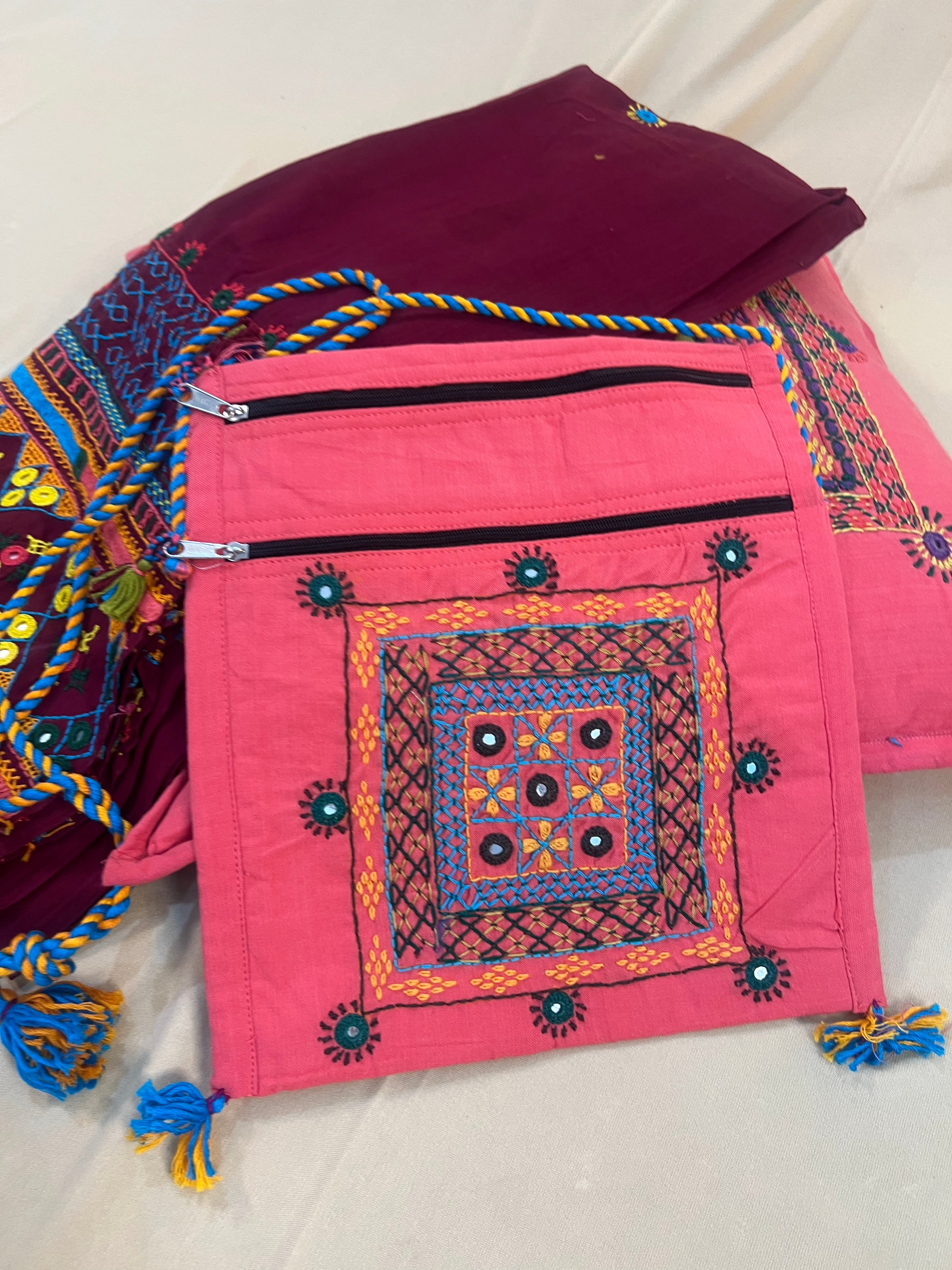 Coral Pink Handloom Cotton Sling Bag with Tribal Embroidered Square Motif