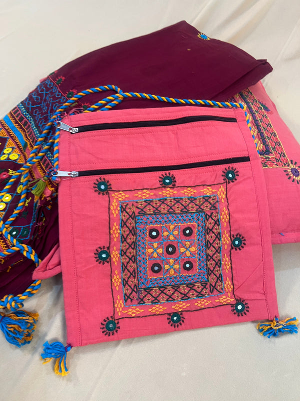 Coral Pink Handloom Cotton Sling Bag with Tribal Embroidered Square Motif