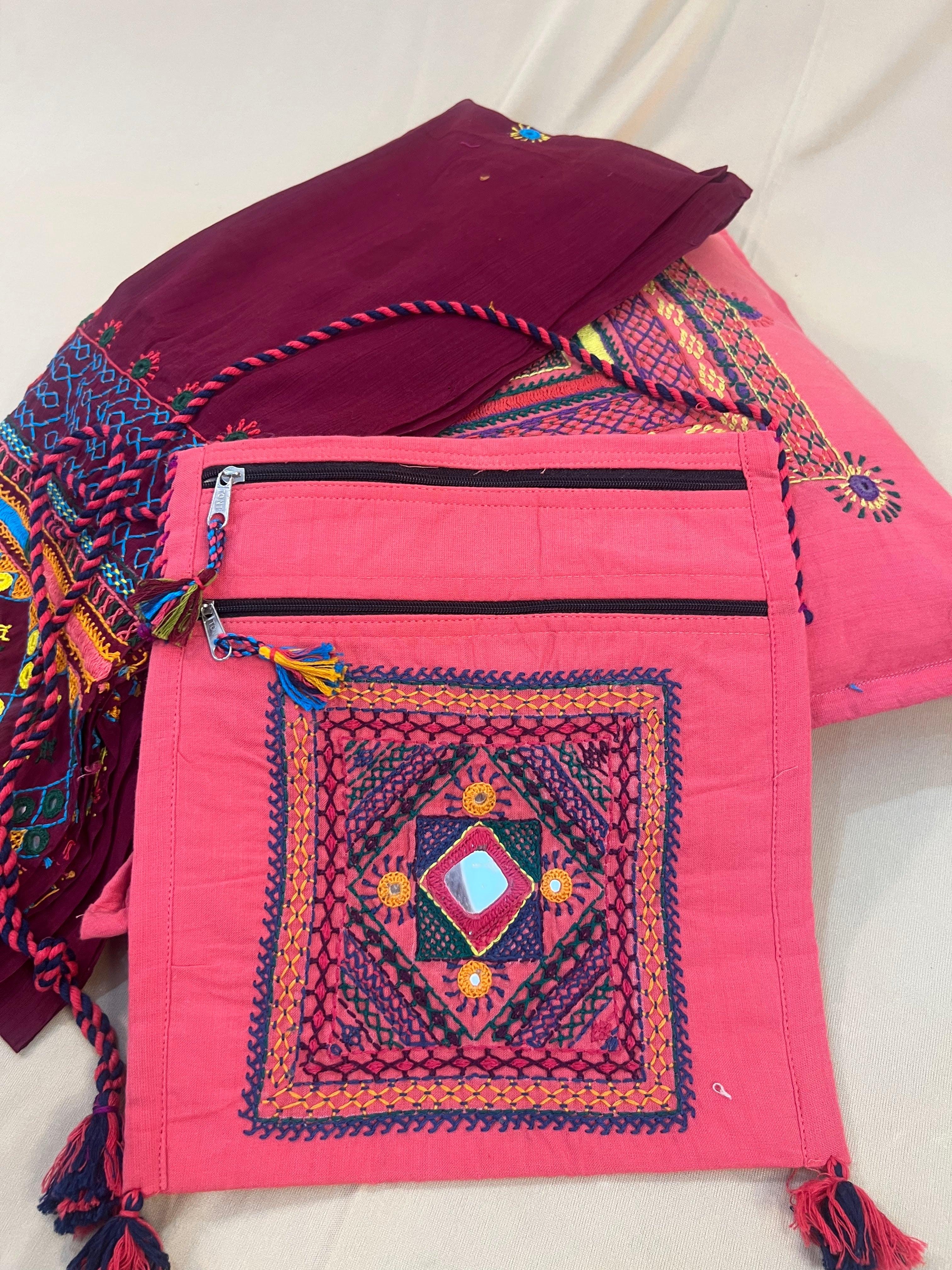 Coral Pink Handloom Cotton Sling Bag with Tribal Mirror Embroidery