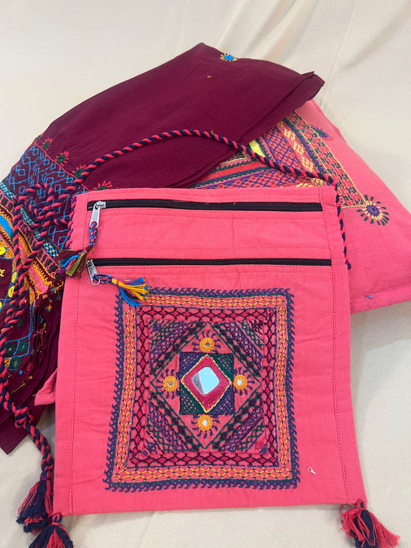 Coral Pink Handloom Cotton Sling Bag with Tribal Mirror Embroidery