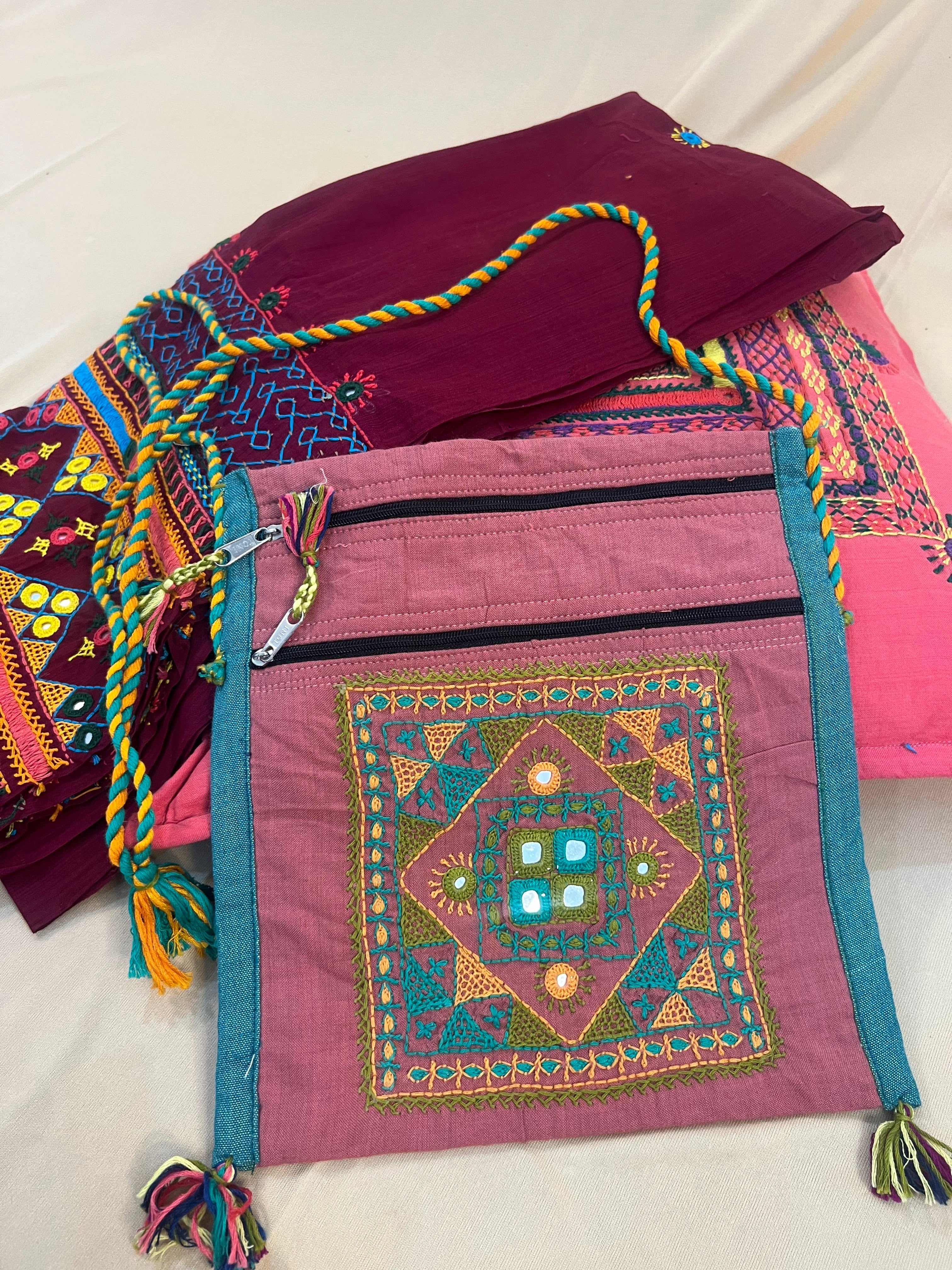 Dusty Mauve Handloom Cotton Sling Bag with Tribal Mirror Embroidery