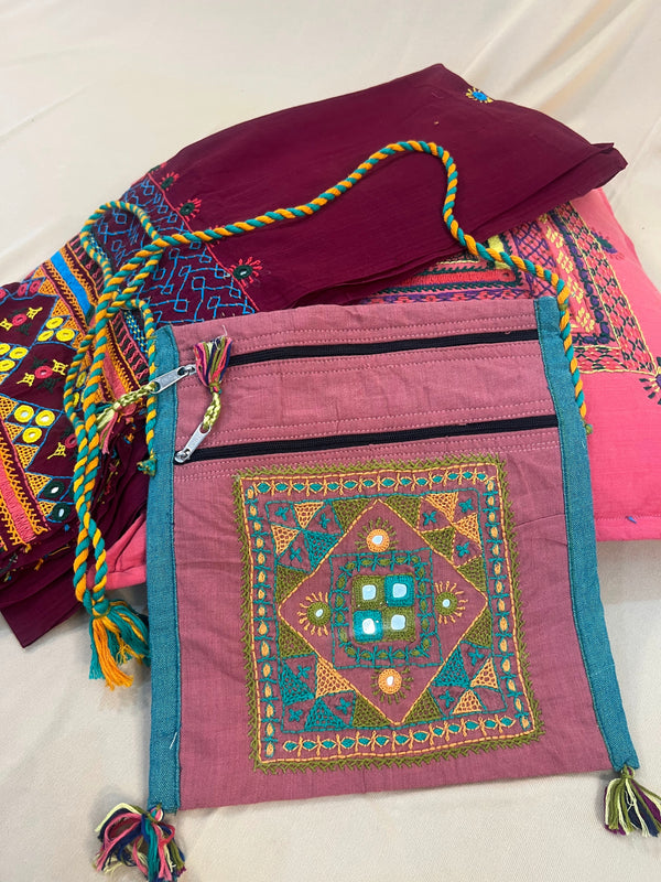 Dusty Mauve Handloom Cotton Sling Bag with Tribal Mirror Embroidery