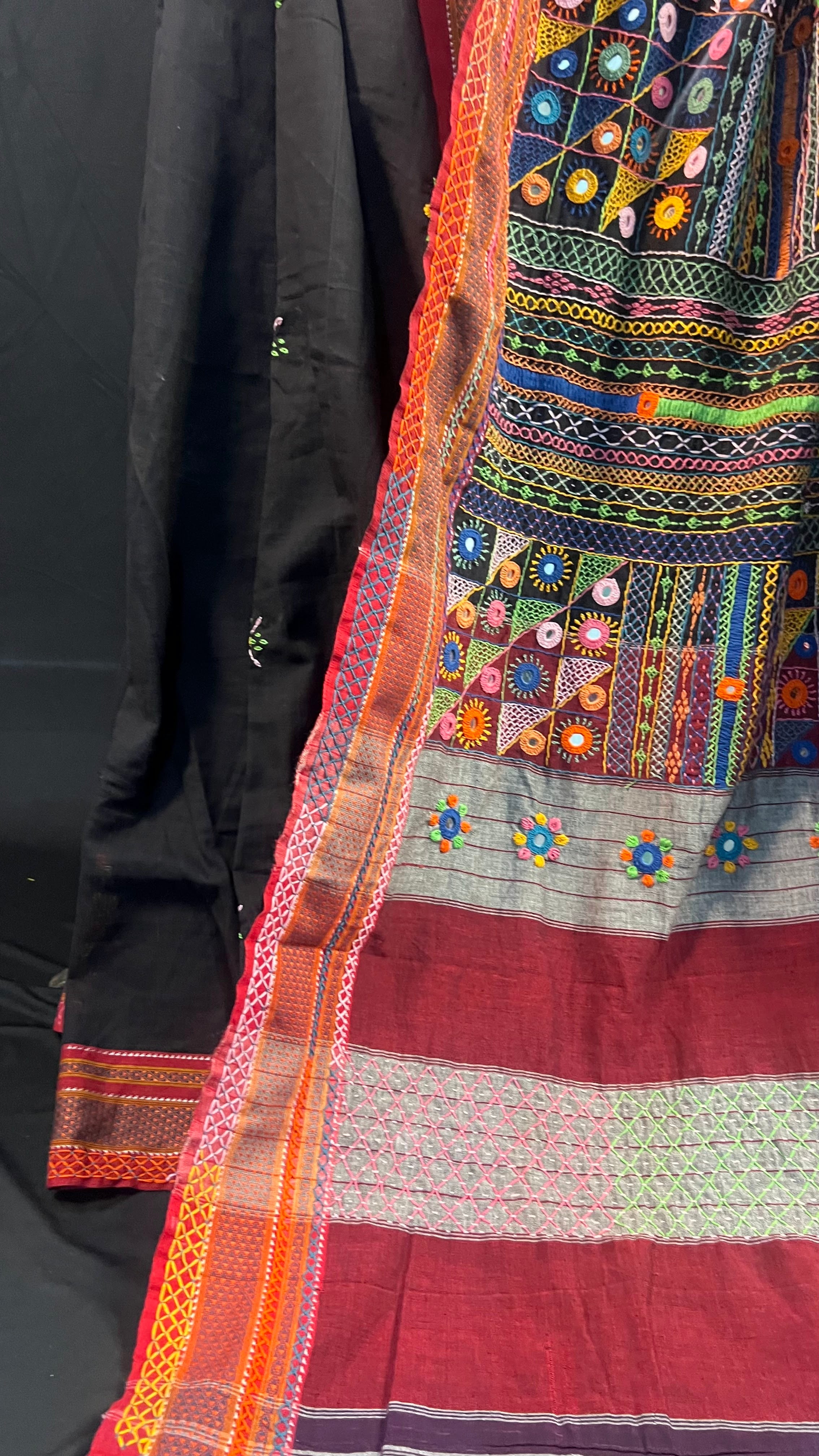 Black with Multicolor Hand Embroidered Pallu Ilkal Cotton Lambani Saree