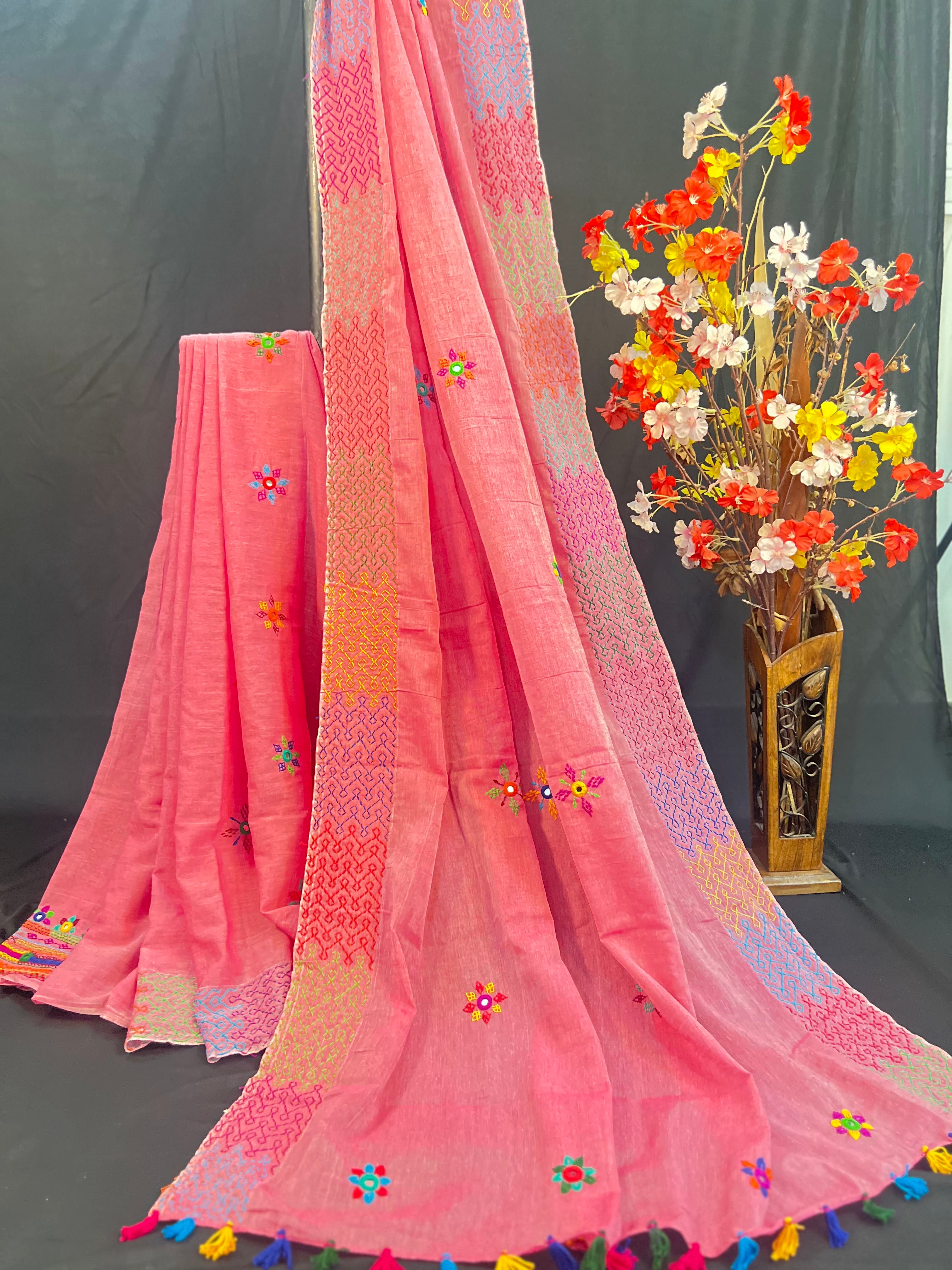 Blush Pink Lambani Embroidered Soft Cotton Saree with Multicolor Tassels