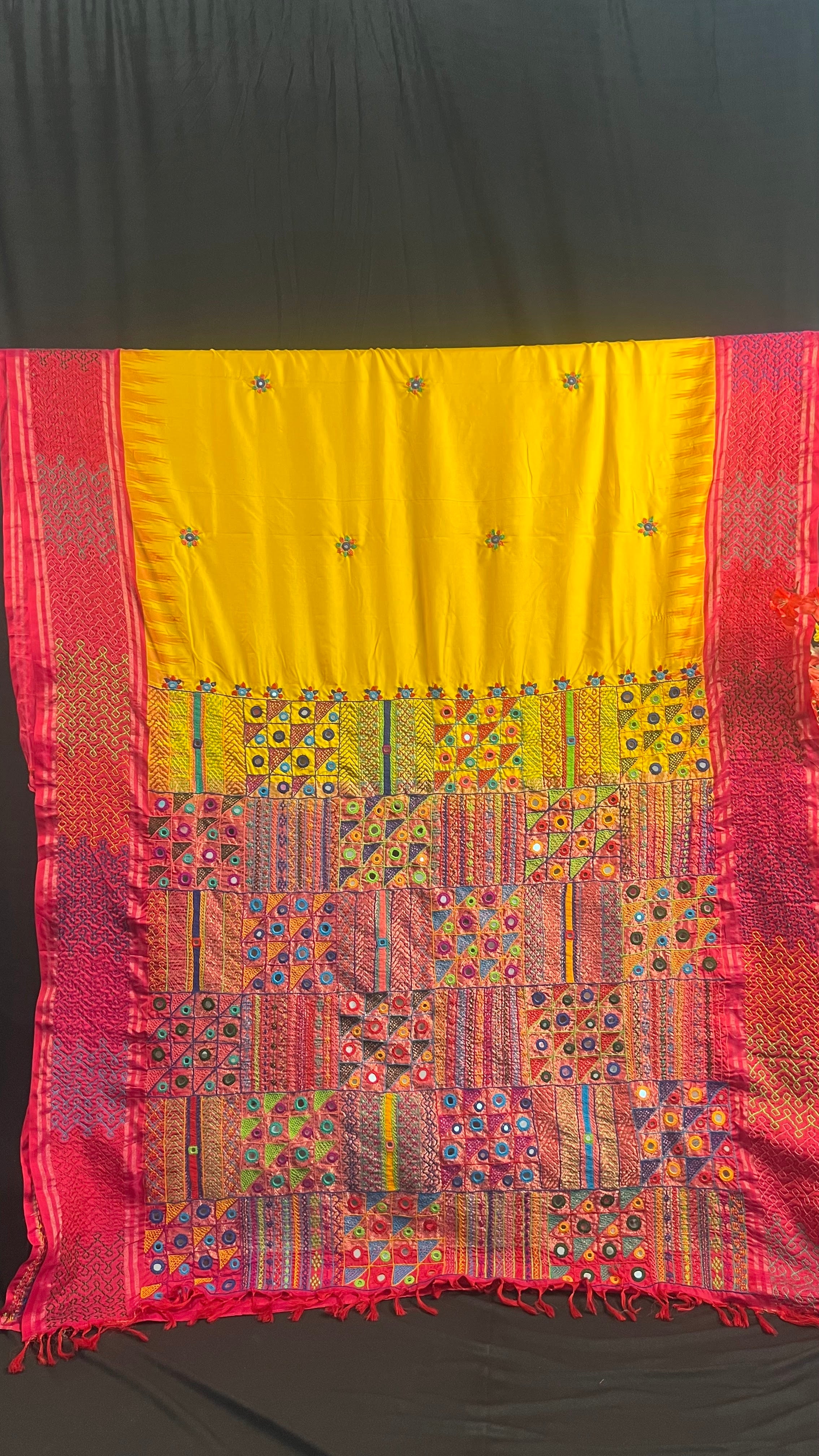 Bright Yellow & Rani Pink Heavy Embroidered Saree Molakalmuru Silk Lambani Saree