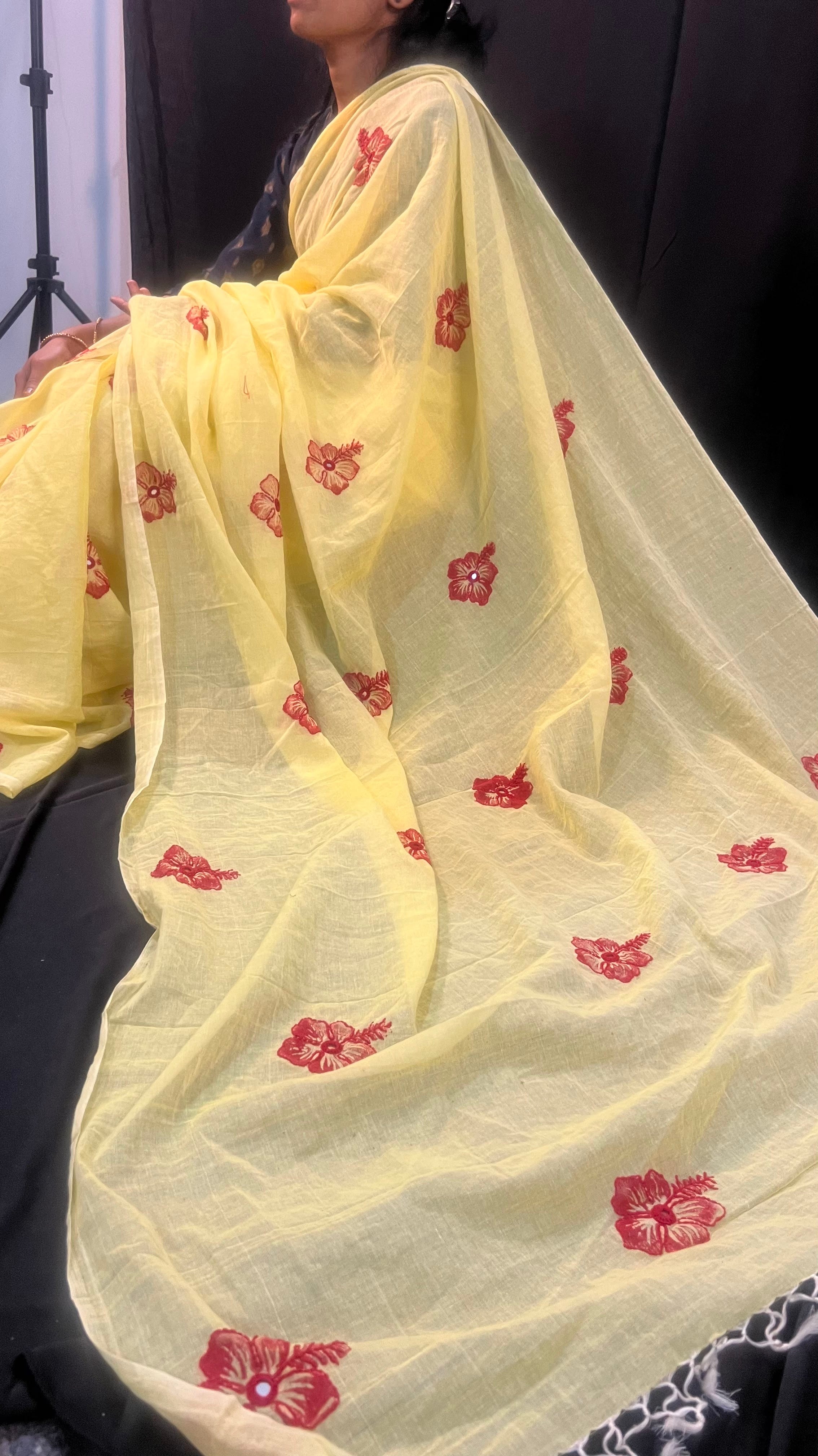 Butter Yellow Soft Cotton Saree with Floral Mirror Work Embroidery
