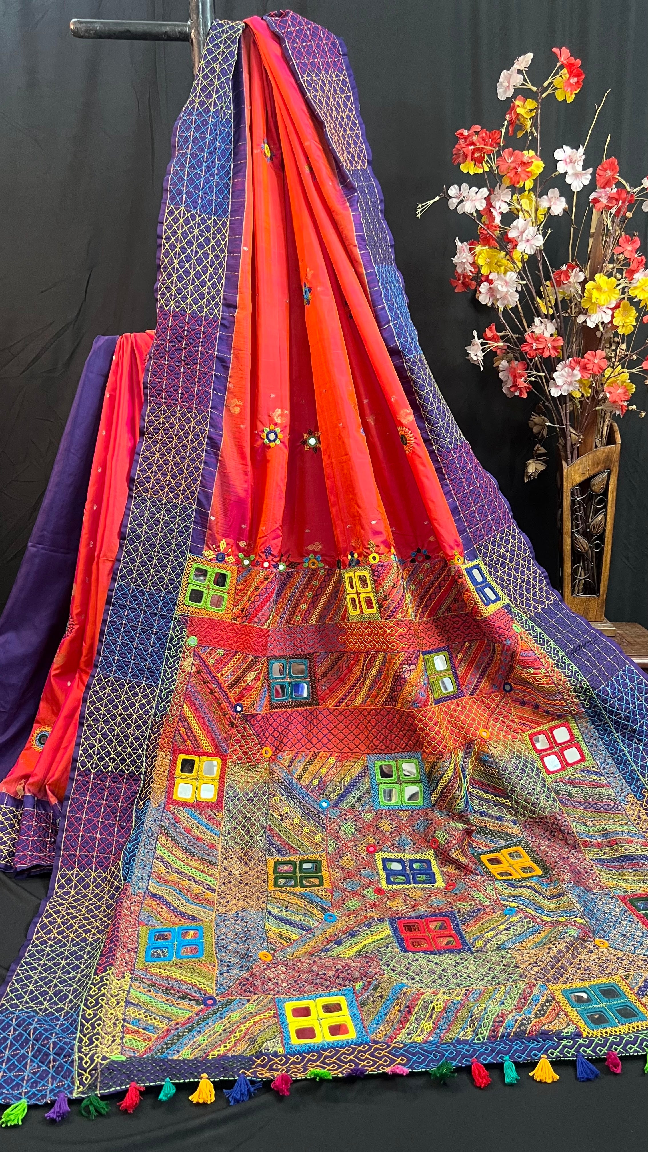 Coral Orange & Royal Purple with Mirror Embroidered Pallu Molakalmuru Silk Lambani Saree