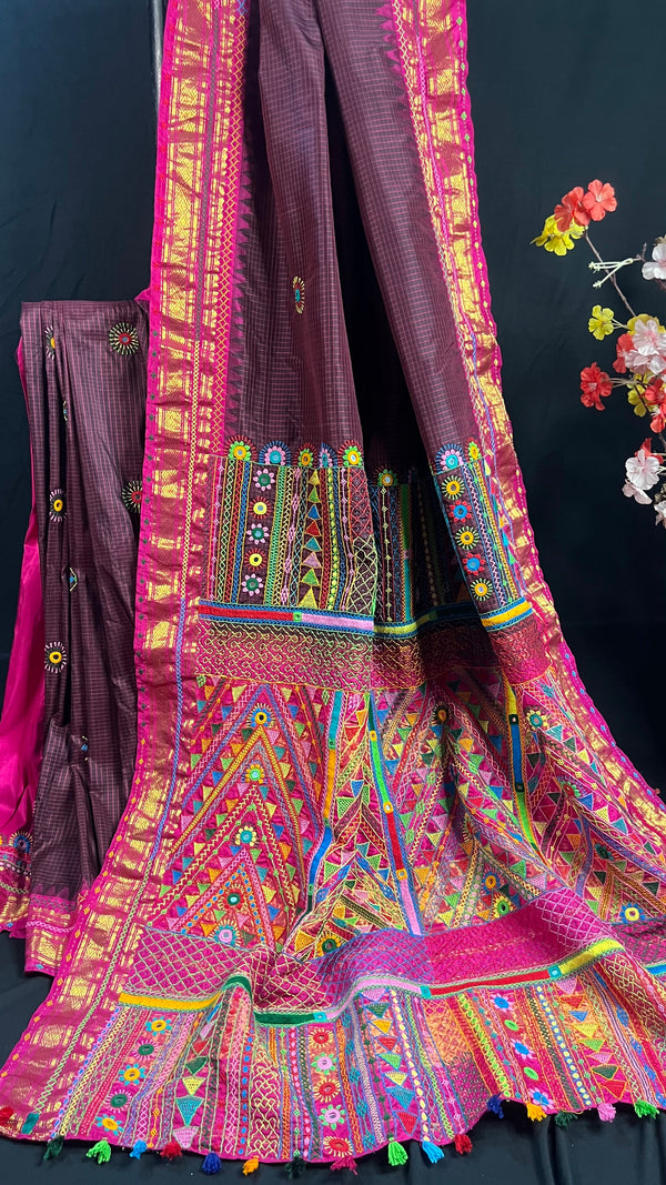 Deep Wine Purple with Pink Multicolor Embroidered Pallu Molakalmuru Silk Lambani Saree