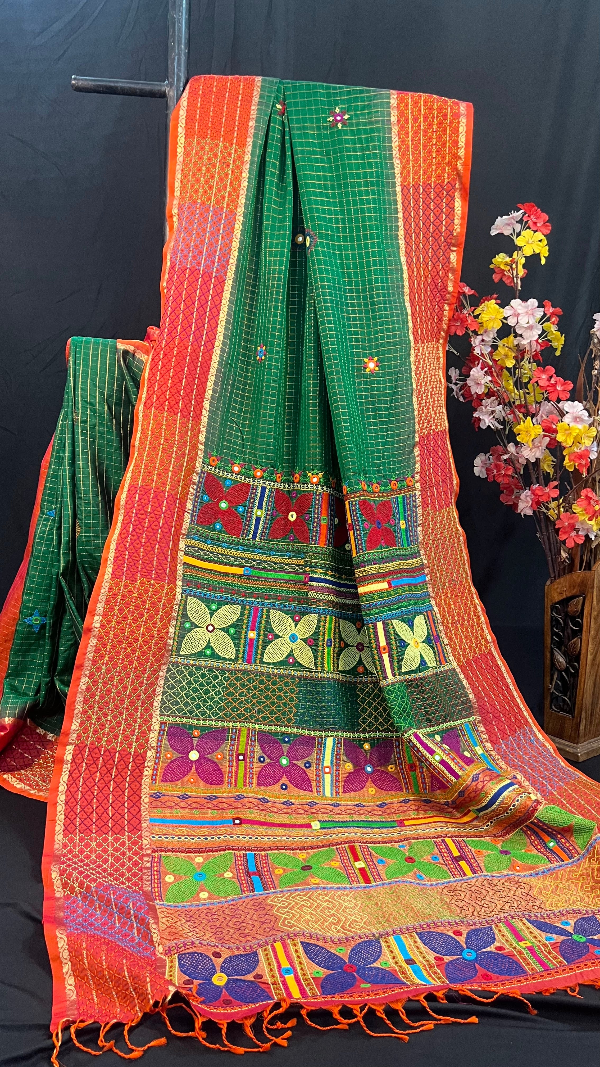 Emerald Green & Burnt Orange Molakalmuru Lambani Saree