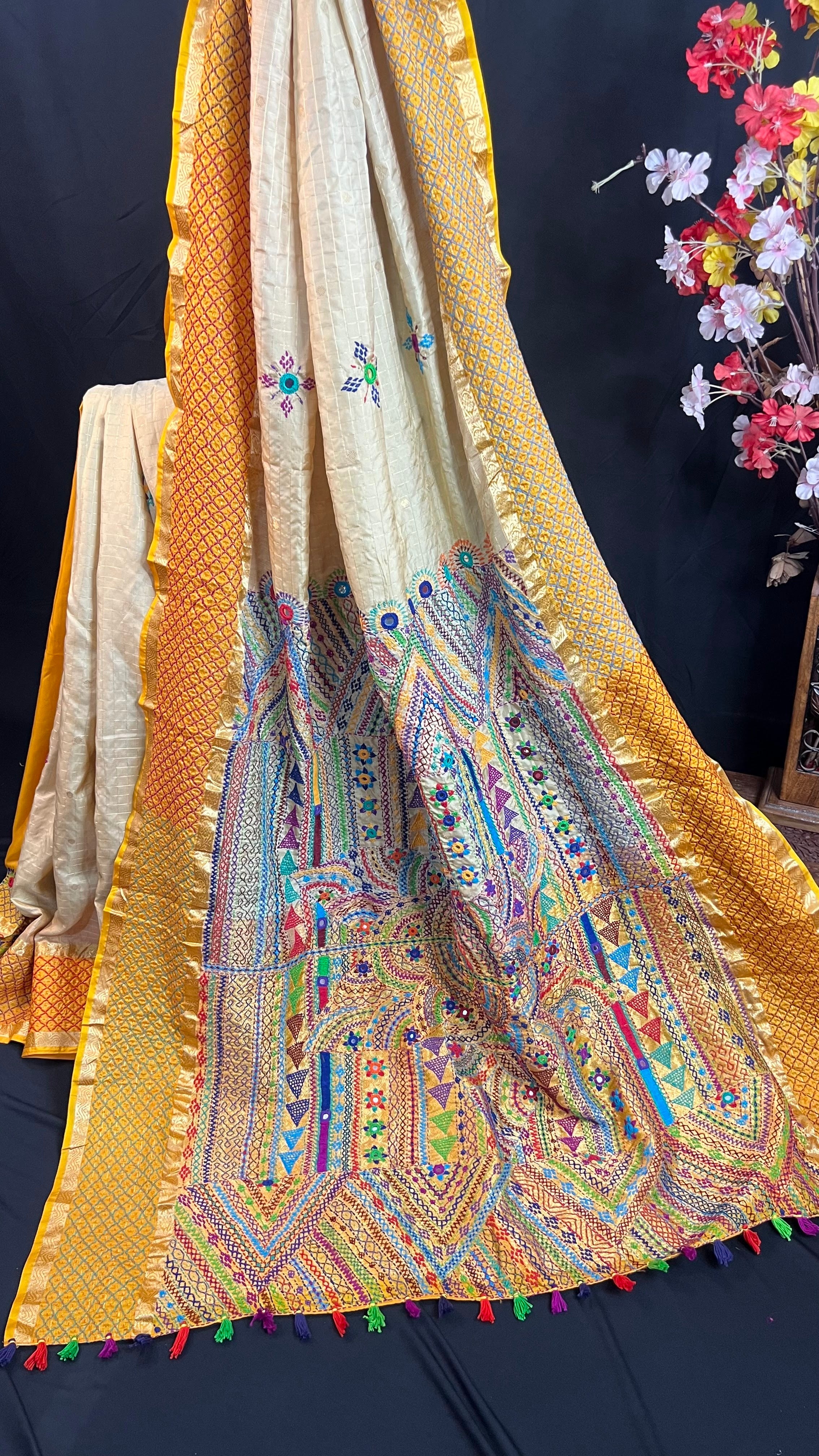 Ivory Cream & Mustard Gold with Multicolor Embroidered Pallu Molakalmuru Silk Lambani Saree