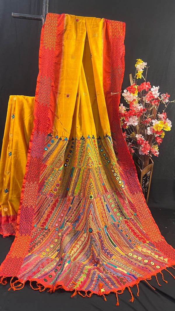 Mustard Yellow & Burnt Orange Embroidered Saree Molakalmuru Silk Lambani Saree