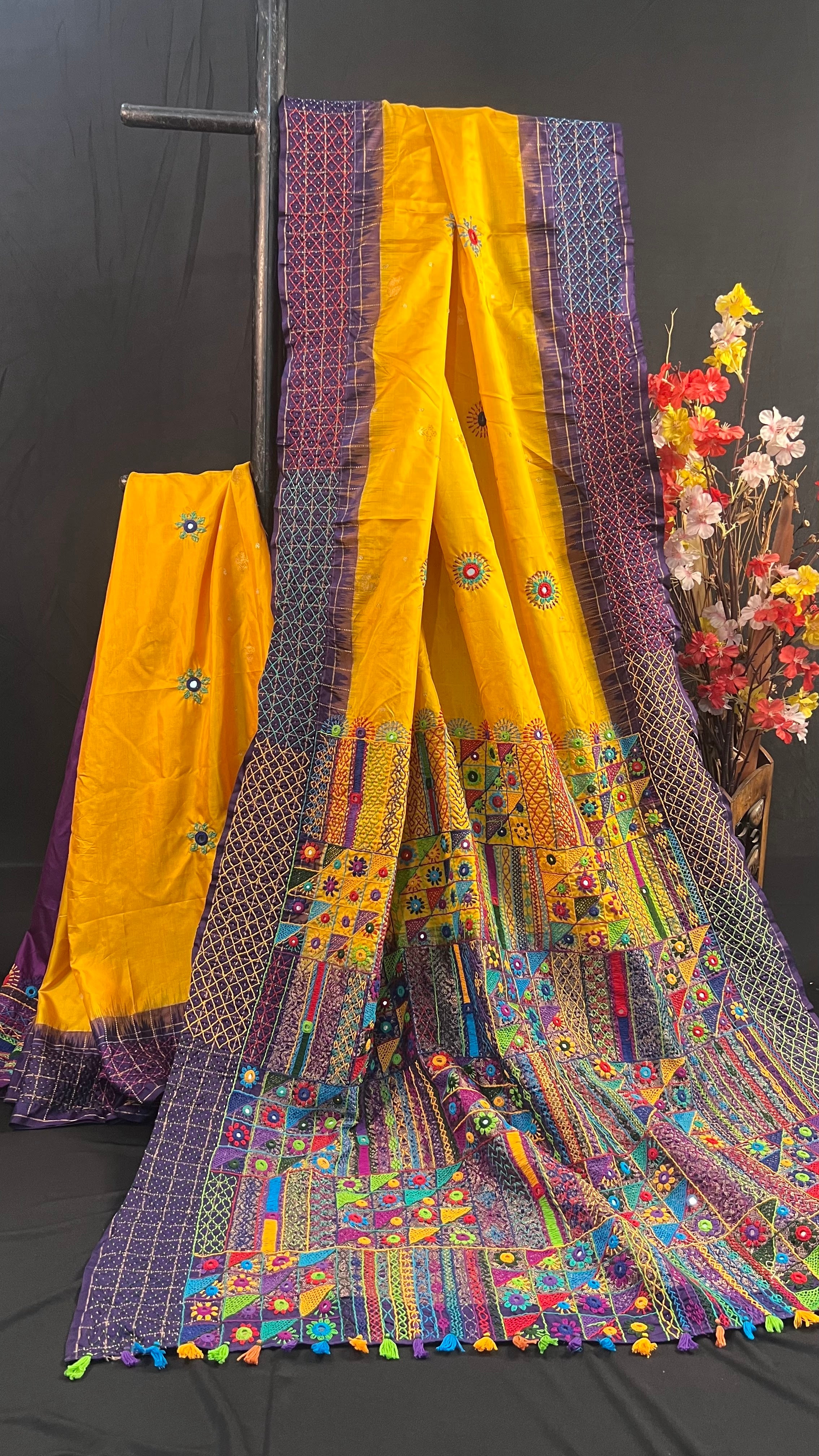 Mustard Yellow & Royal Purple Heavy Embroidered Saree Molakalmuru Silk Lambani Saree