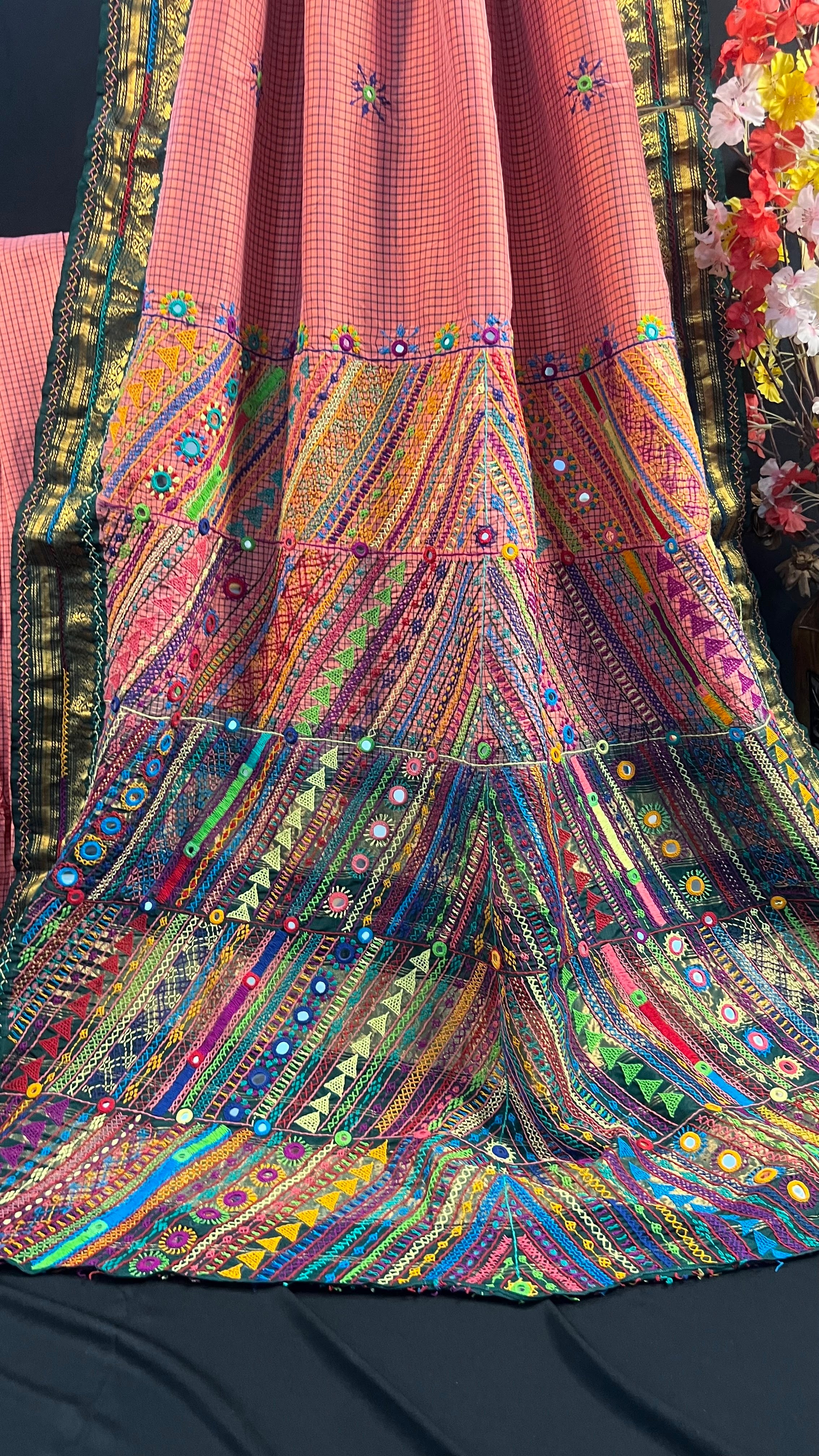 Peach Pink & Deep Green Heavy Embroidered Saree Molakalmuru Silk Lambani Saree