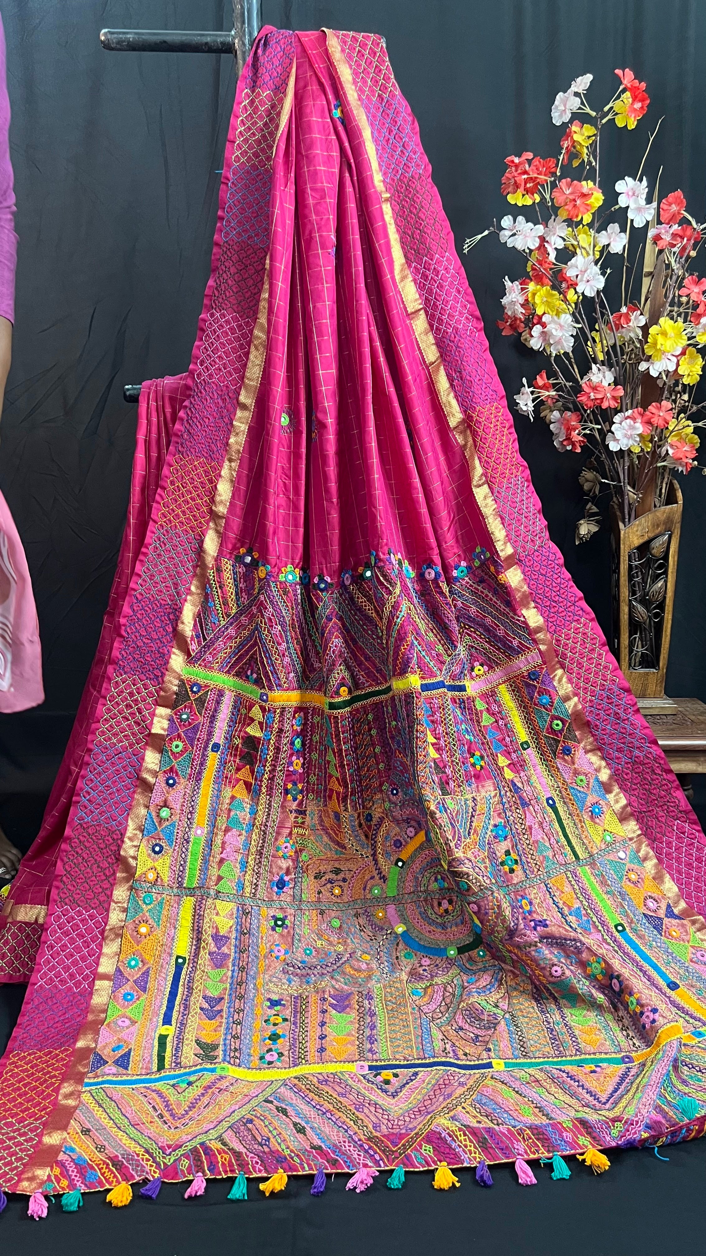 Rani Pink with Multicolor Embroidered Pallu Molakalmuru Silk Lambani Saree
