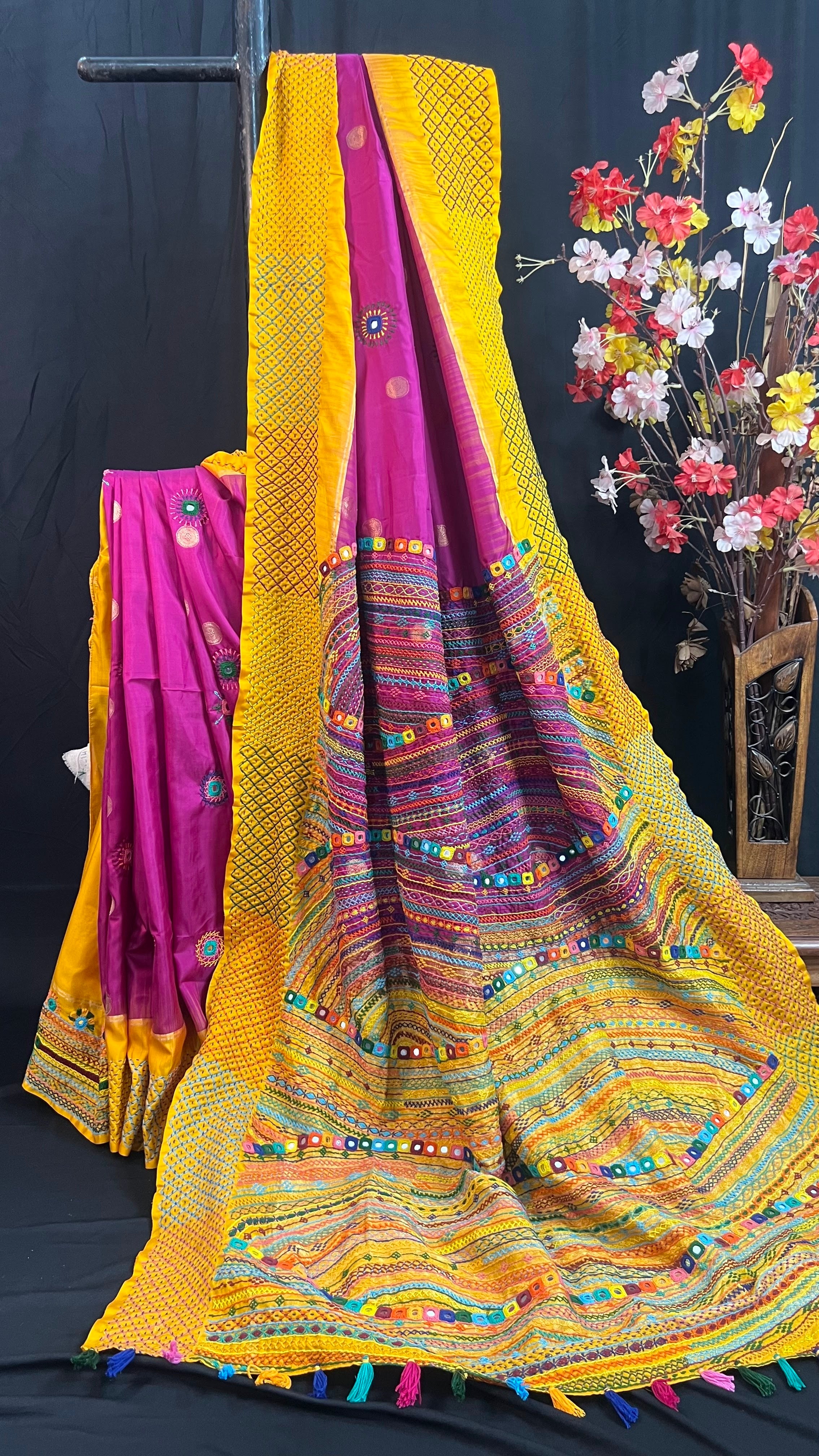 Royal Magenta & Mustard Yellow Molakalmuru Silk Lambani Saree