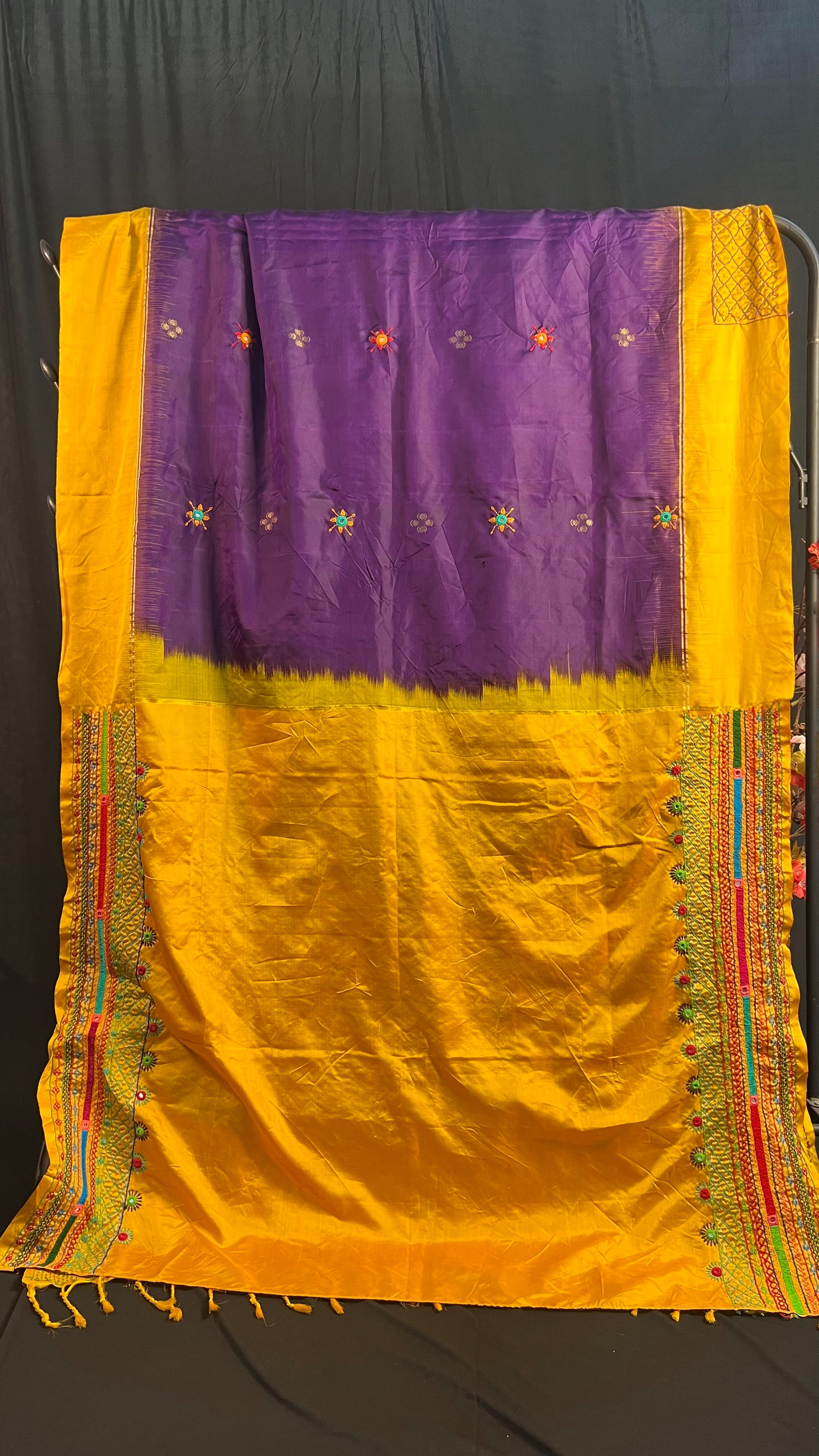 Royal Purple & Mustard Yellow Embroidered Saree Molakalmuru Silk Lambani Saree
