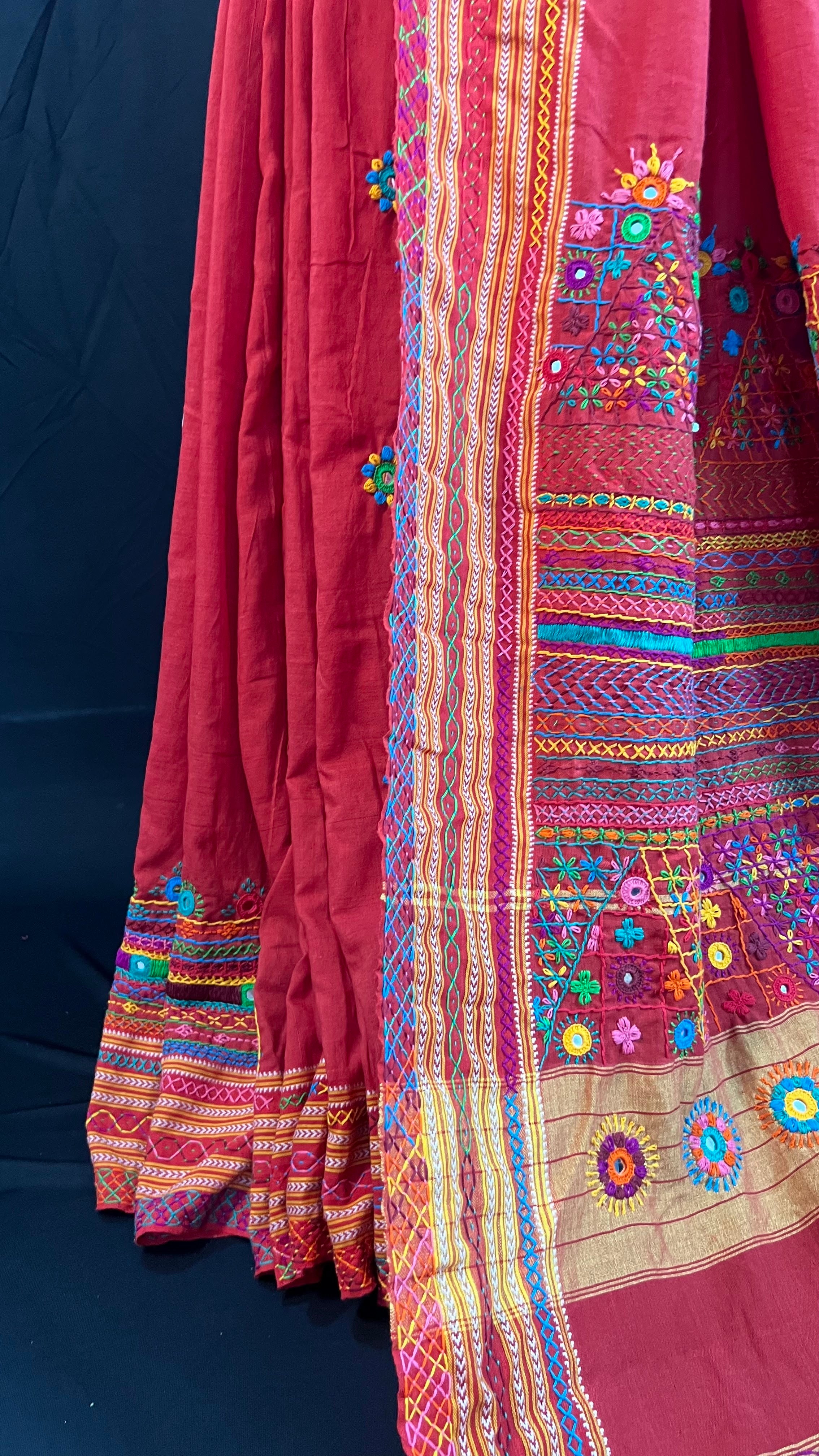 Rustic Maroon with Multicolor Hand Embroidered Border Ilkal Cotton Lambani Saree