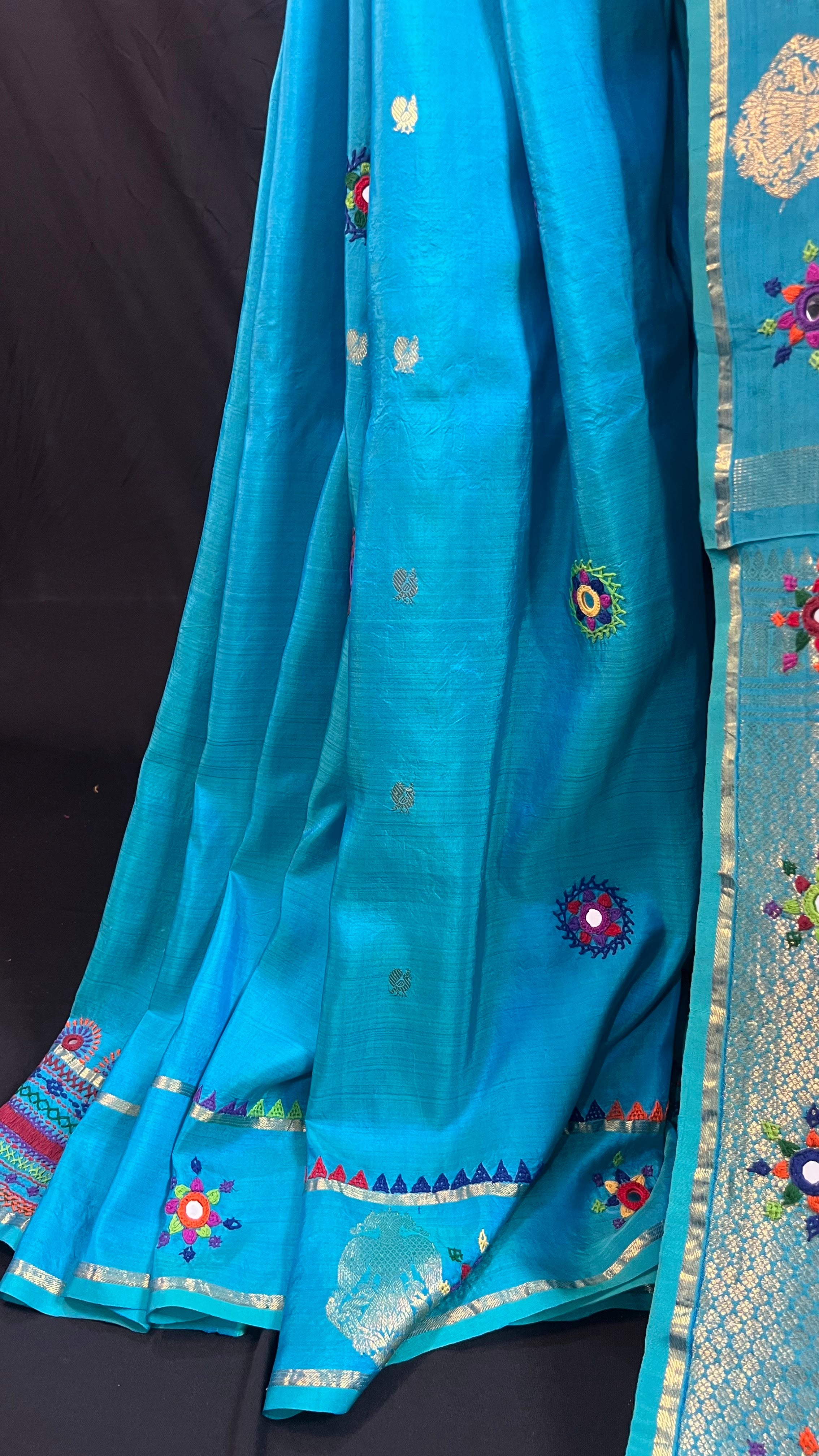 Sky Blue with Multicolor Embroidered Pallu Molakalmuru Silk Lambani Saree