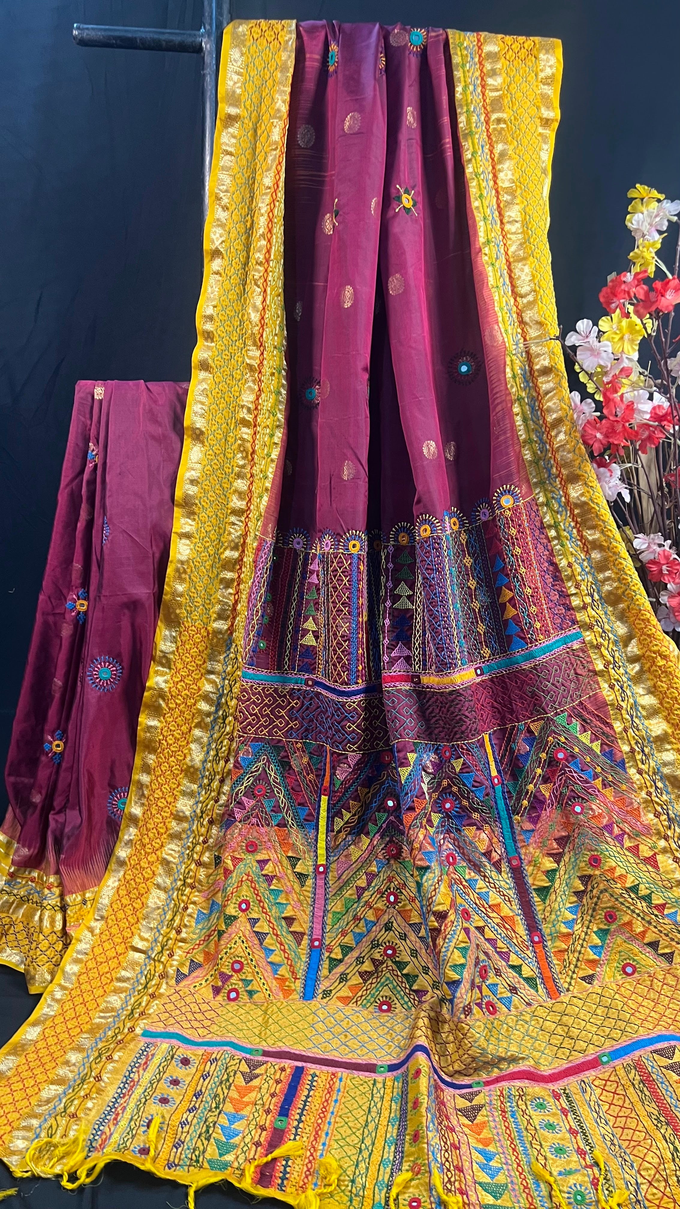 Wine Purple & Mustard Yellow Embroidered Saree Molakalmuru Silk Lambani Saree