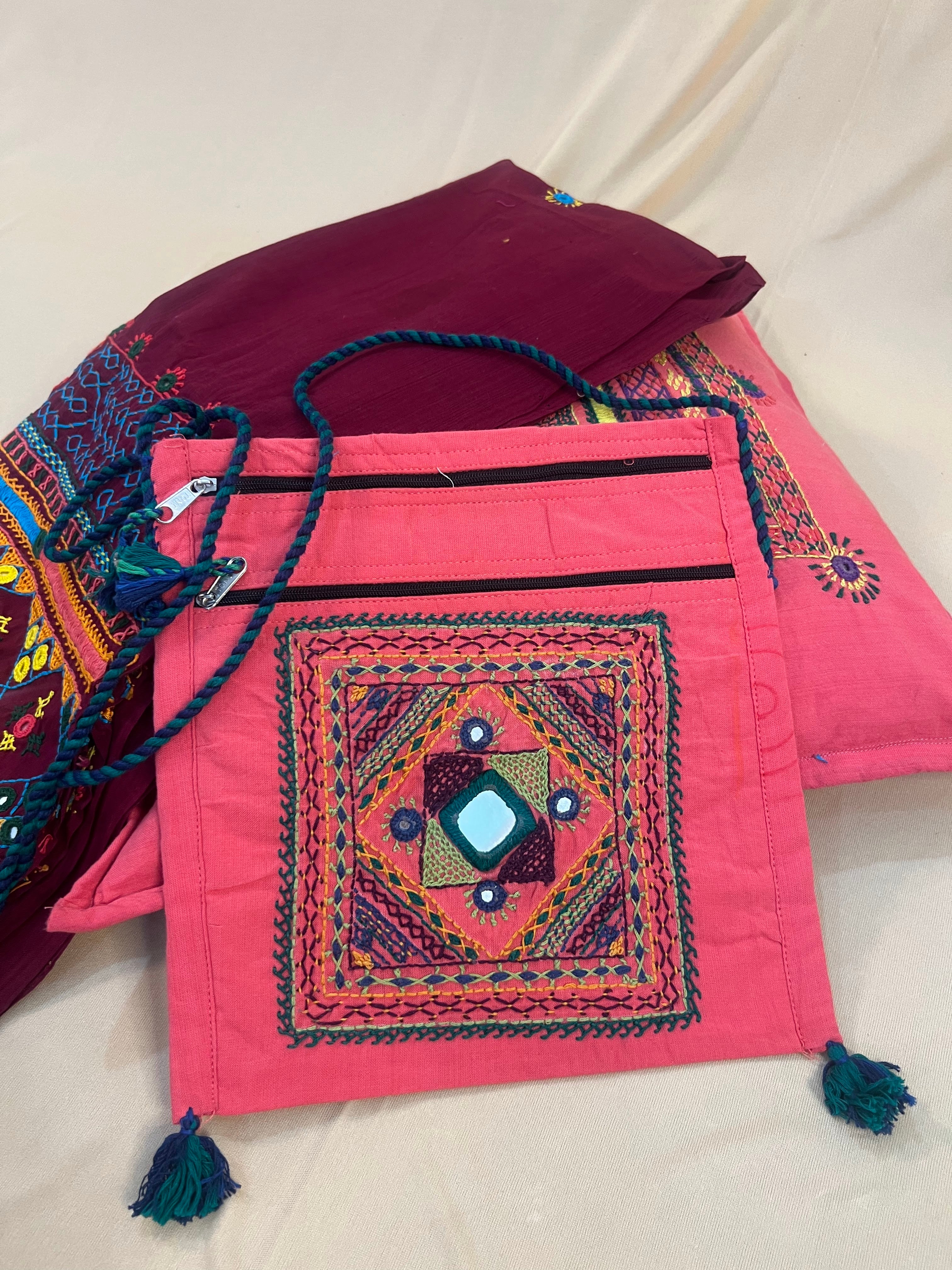 Coral Pink Handloom Cotton Sling Bag with Tribal Mirror Patch Embroidery