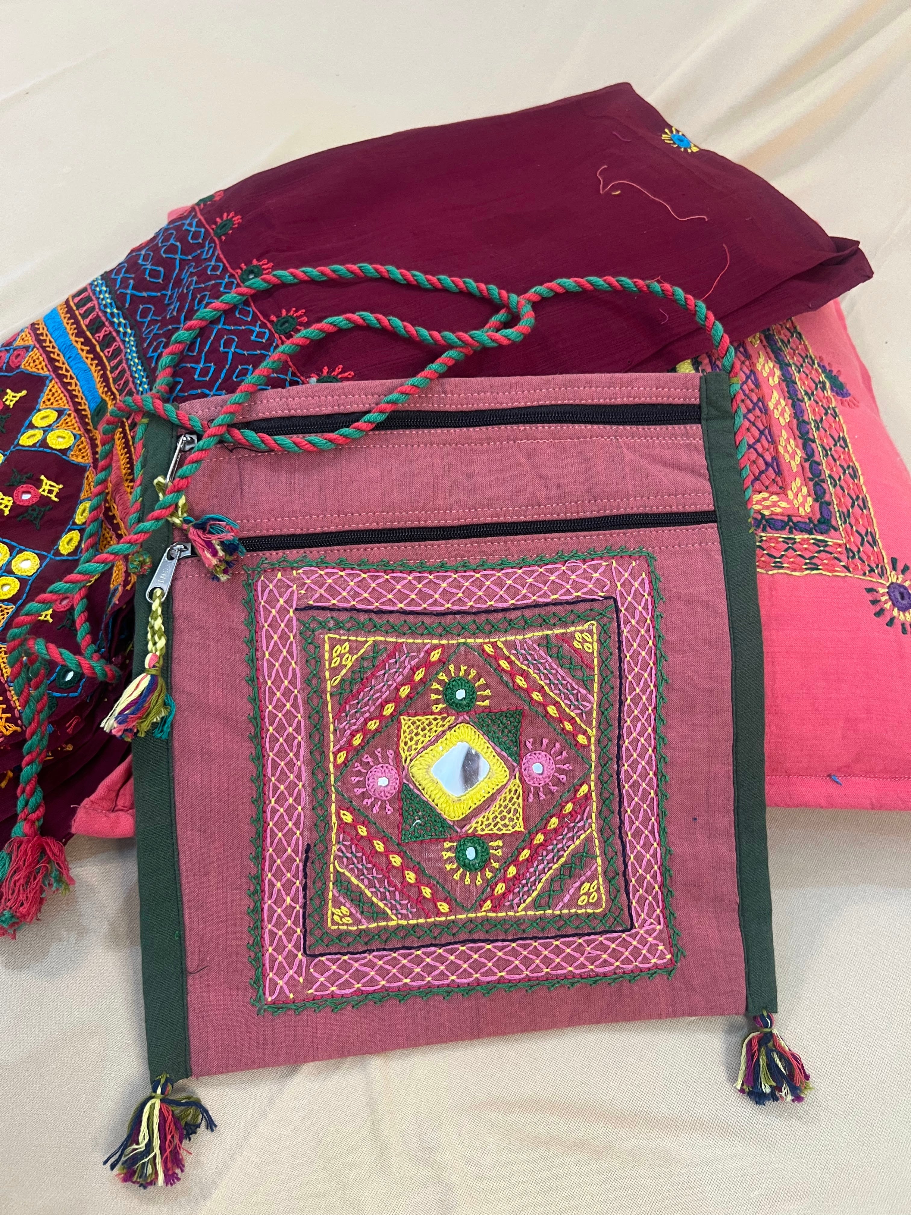 Dusty Mauve Handloom Cotton Sling Bag with Tribal Mirror Embroidery