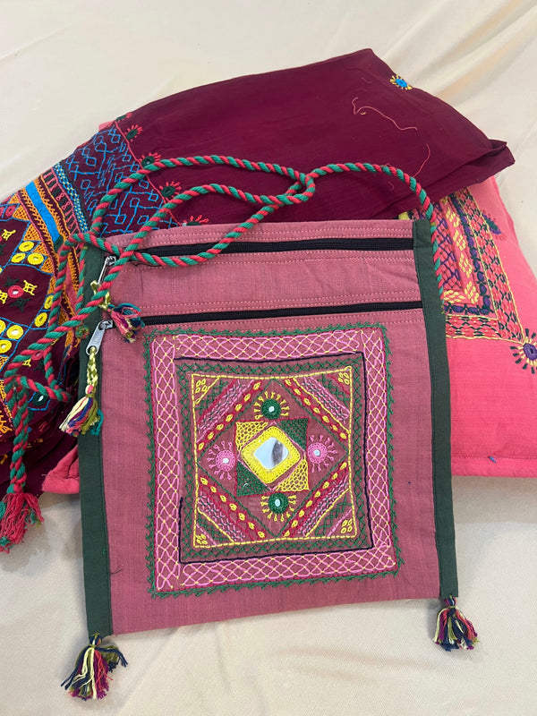 Dusty Mauve Handloom Cotton Sling Bag with Tribal Mirror Embroidery