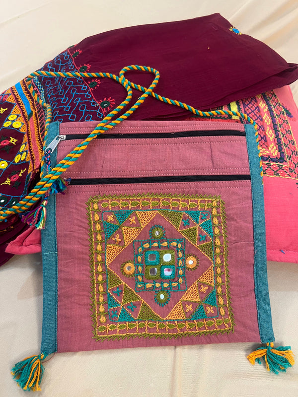Dusty Mauve Handloom Cotton Sling Bag with Traditional Patchwork Embroidery