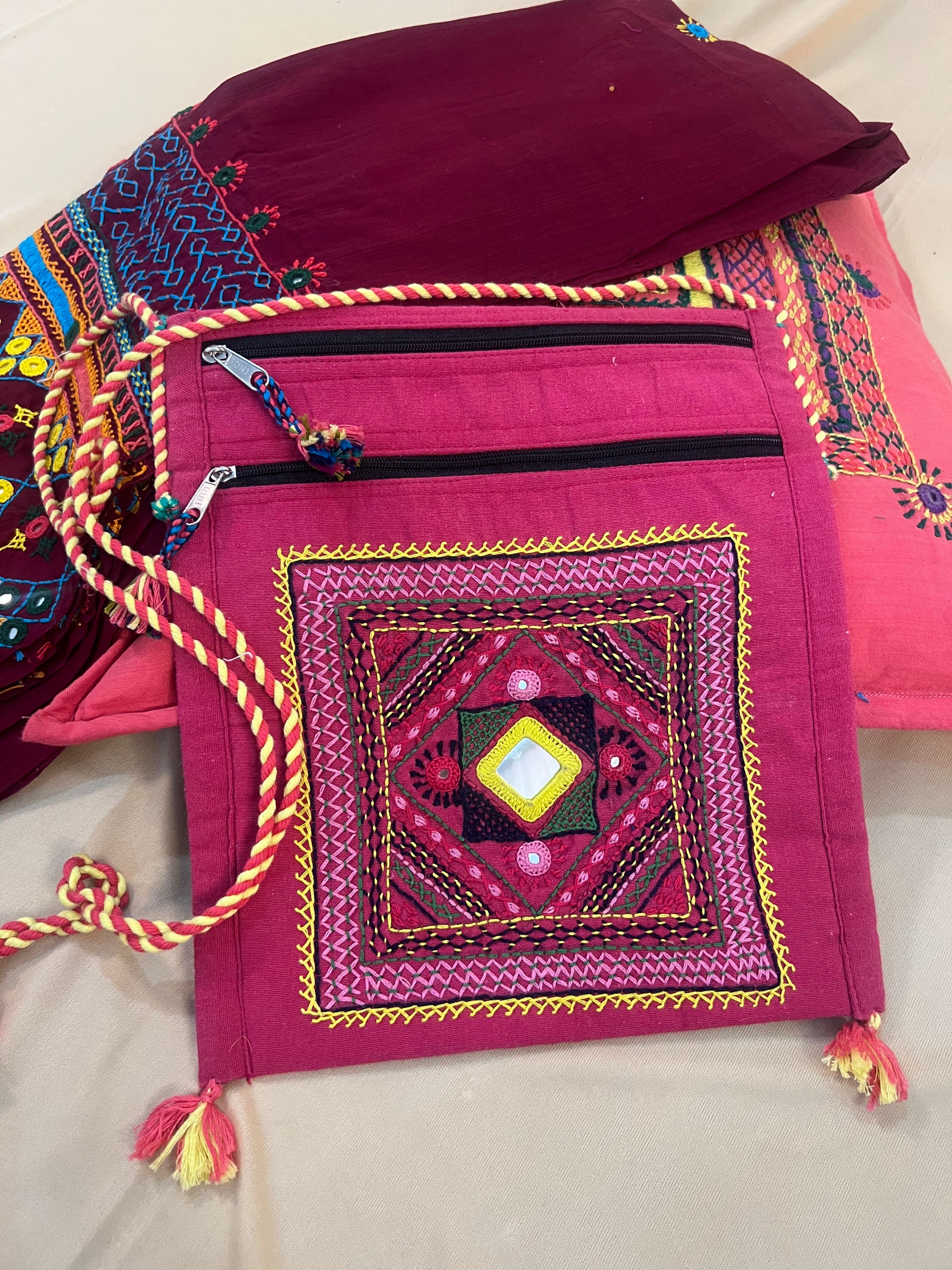 Pink Handloom Cotton Sling Bag with Traditional Mirror Work Embroidery