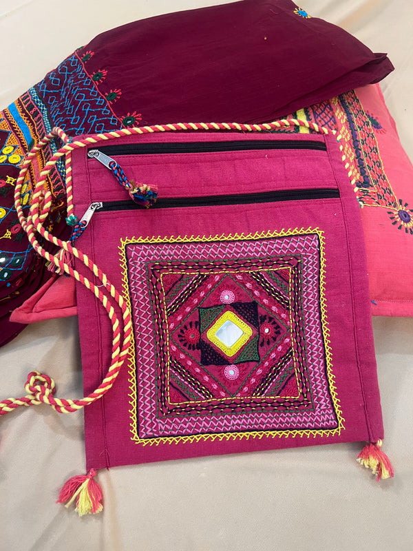 Pink Handloom Cotton Sling Bag with Traditional Mirror Work Embroidery