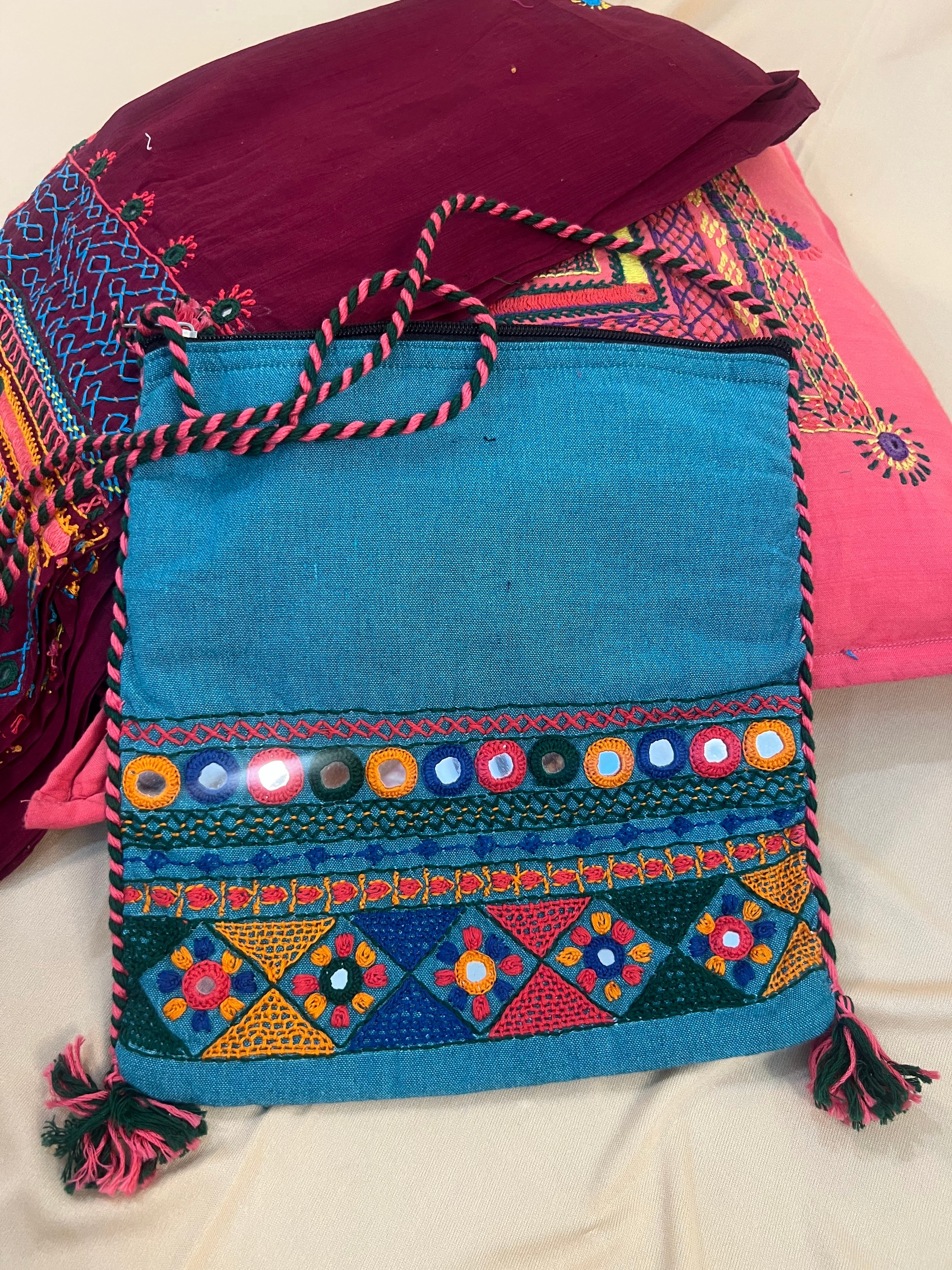 Blue Handloom Cotton Sling Bag with Traditional Mirror Work Embroidery