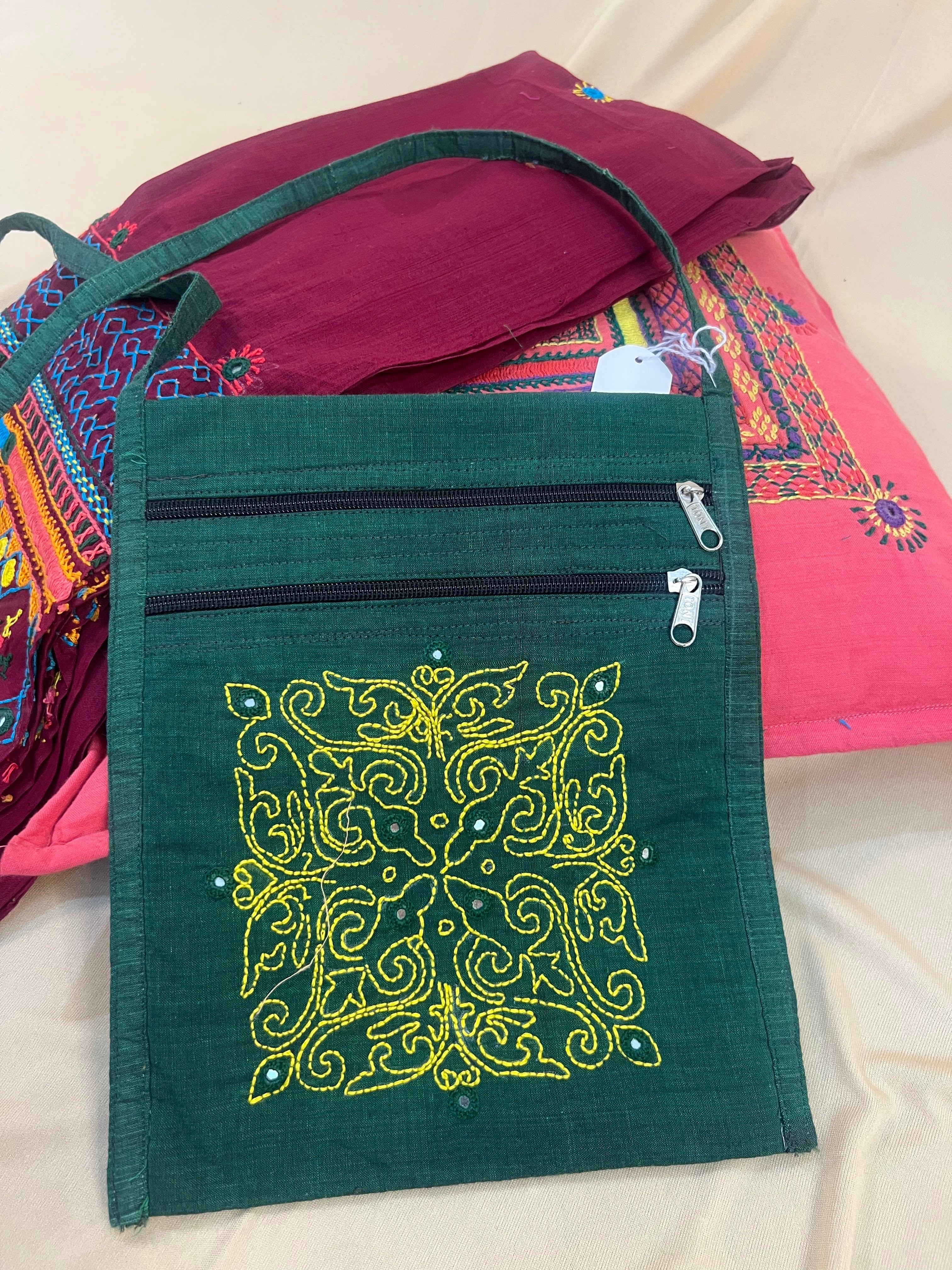 Dark Green Handloom Cotton Sling Bag with Traditional Folk Embroidery