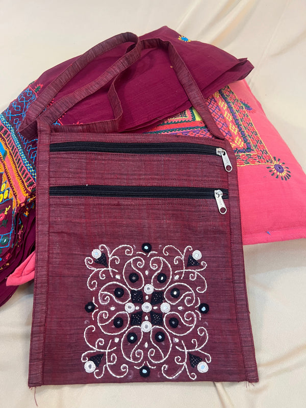 Maroon Handloom Cotton Sling Bag with Floral Mirror Work Embroidery