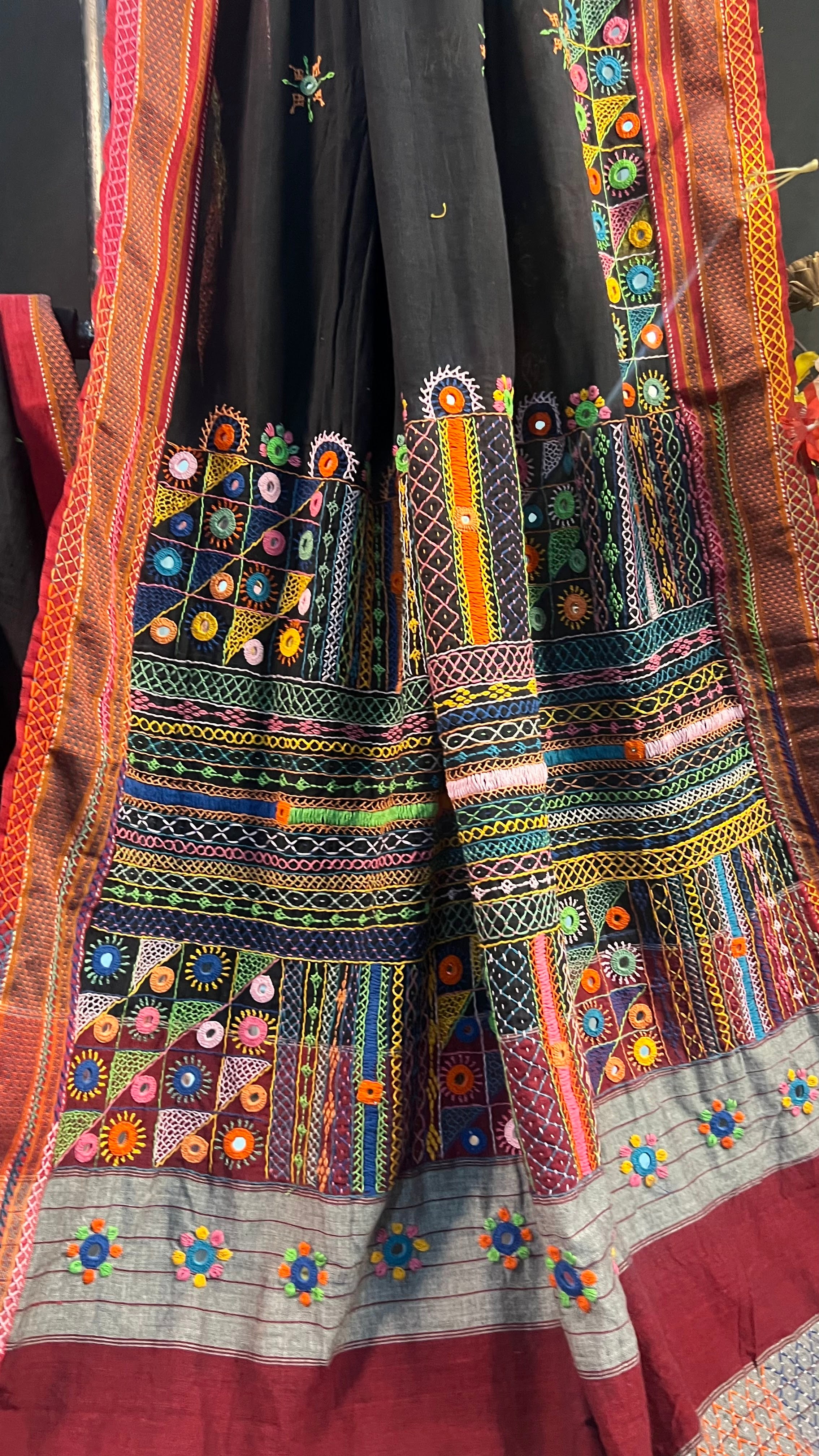 Black with Multicolor Hand Embroidered Pallu Ilkal Cotton Lambani Saree