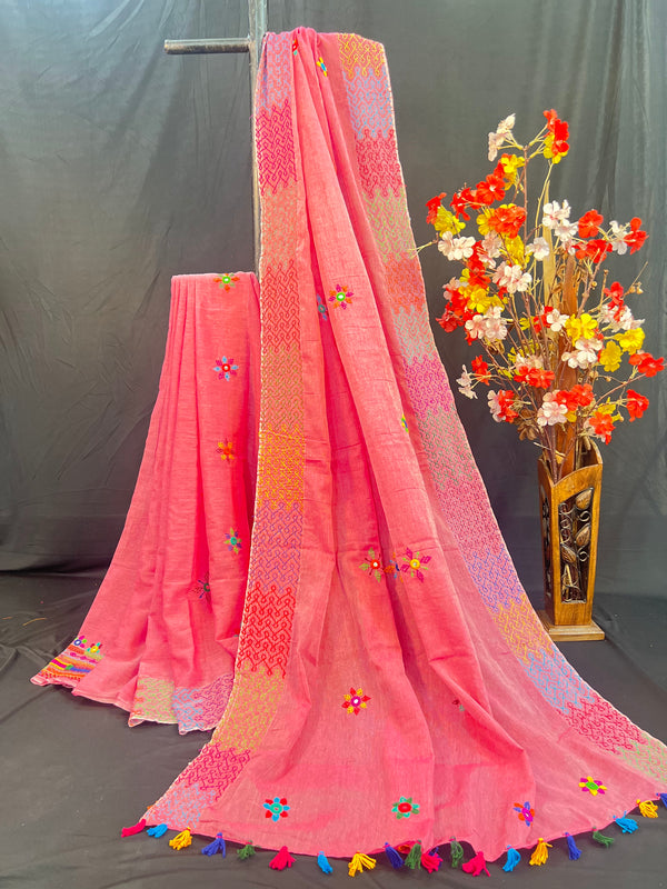 Blush Pink Lambani Embroidered Soft Cotton Saree with Multicolor Tassels