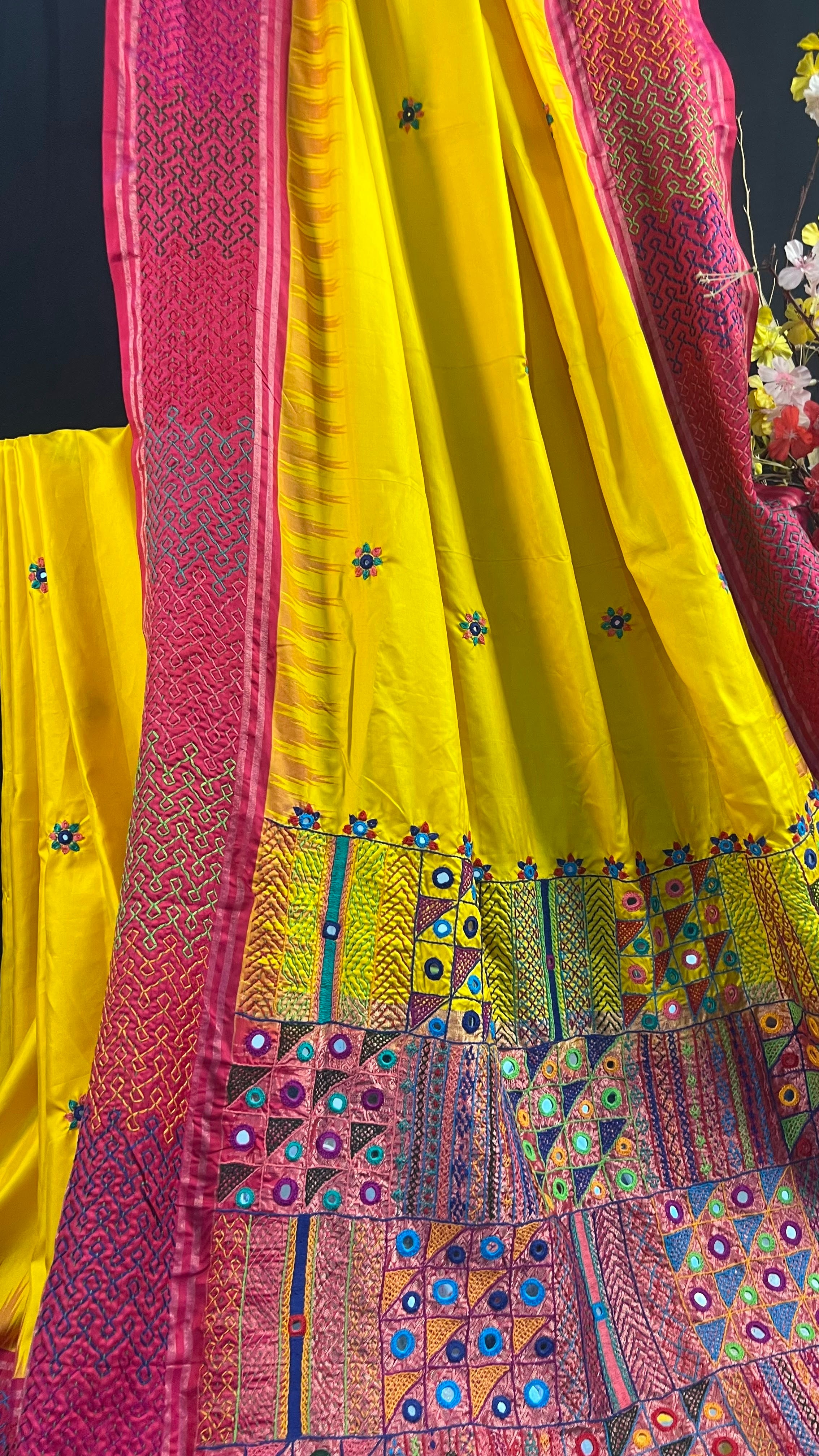Bright Yellow & Rani Pink Heavy Embroidered Saree Molakalmuru Silk Lambani Saree