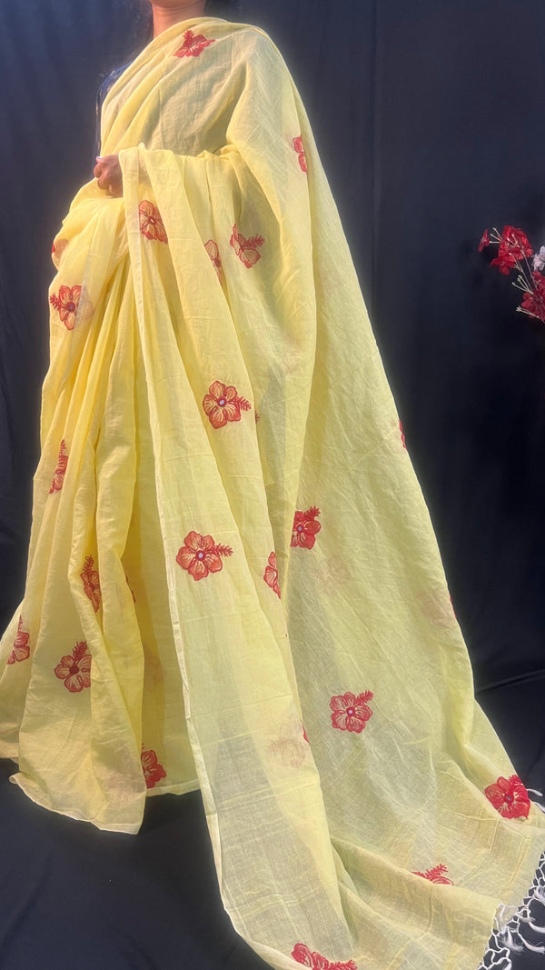 Butter Yellow Soft Cotton Saree with Floral Mirror Work Embroidery