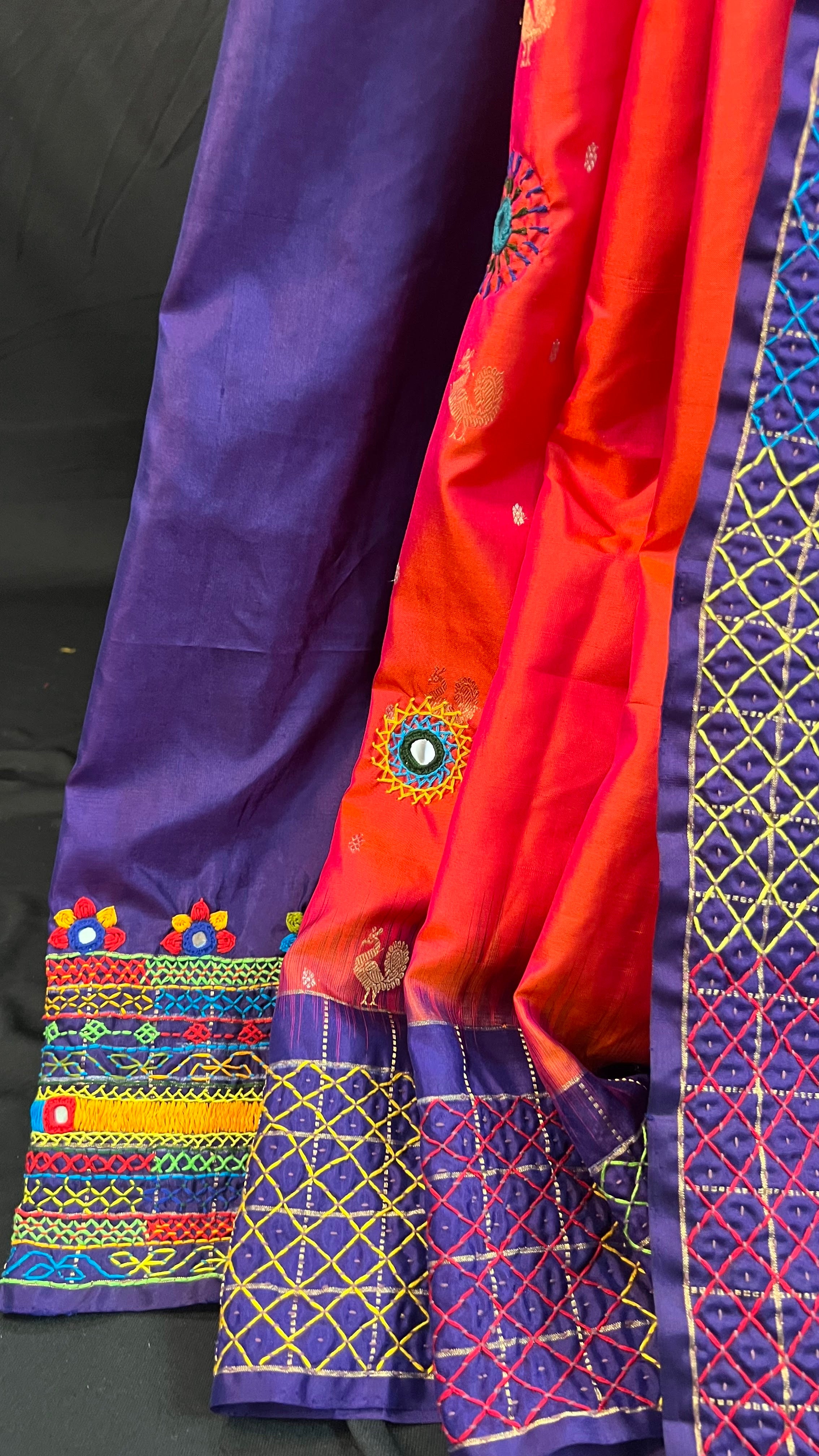Coral Orange & Royal Purple with Mirror Embroidered Pallu Molakalmuru Silk Lambani Saree