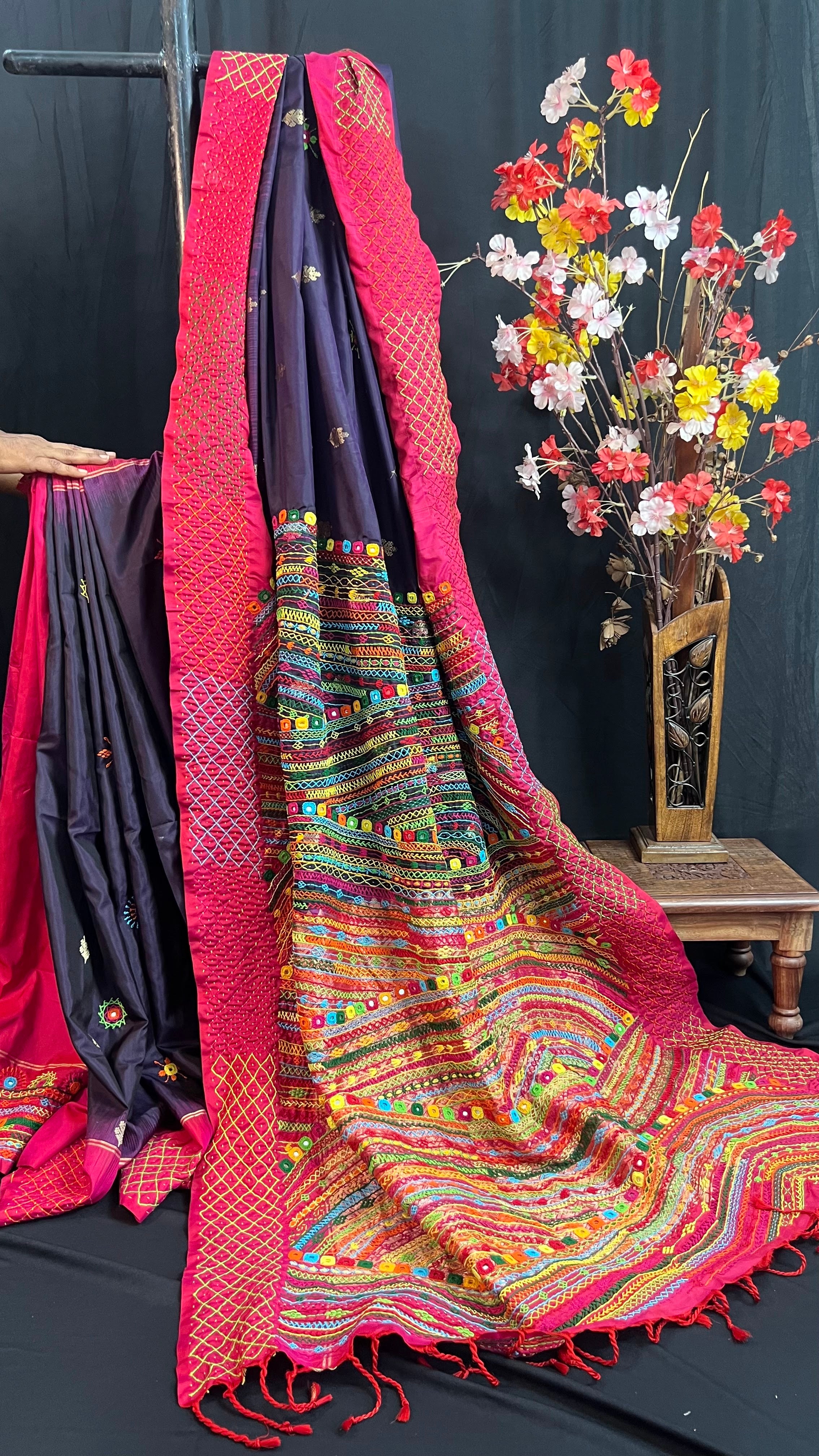 Deep Plum & Rani Pink Molakalmuru Silk Lambani Saree
