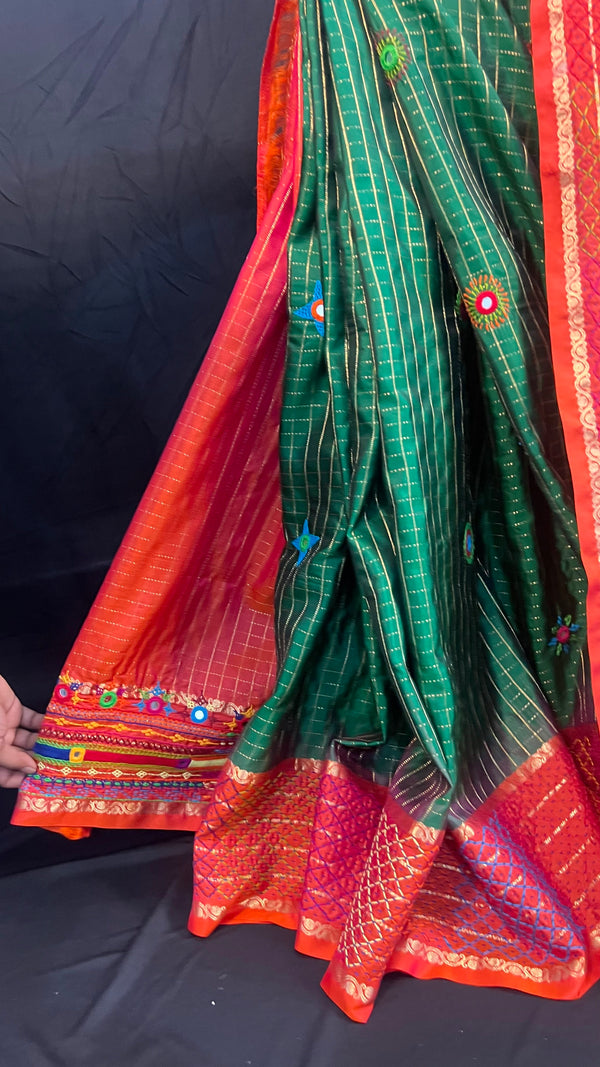 Emerald Green & Burnt Orange Molakalmuru Lambani Saree