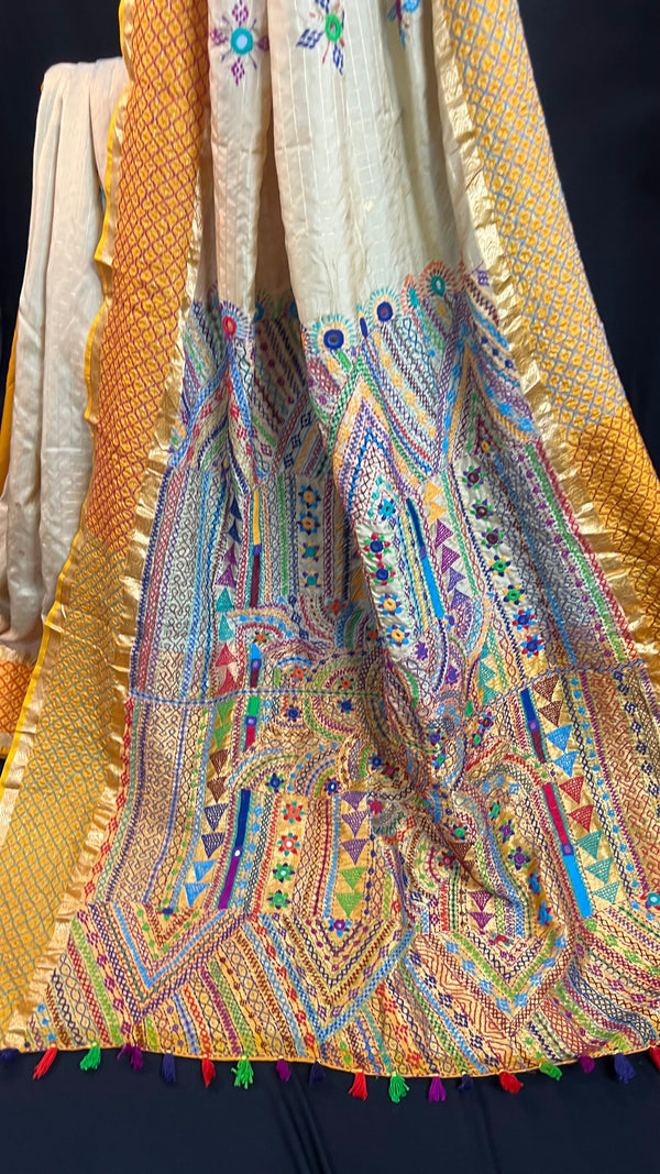 Ivory Cream & Mustard Gold with Multicolor Embroidered Pallu Molakalmuru Silk Lambani Saree
