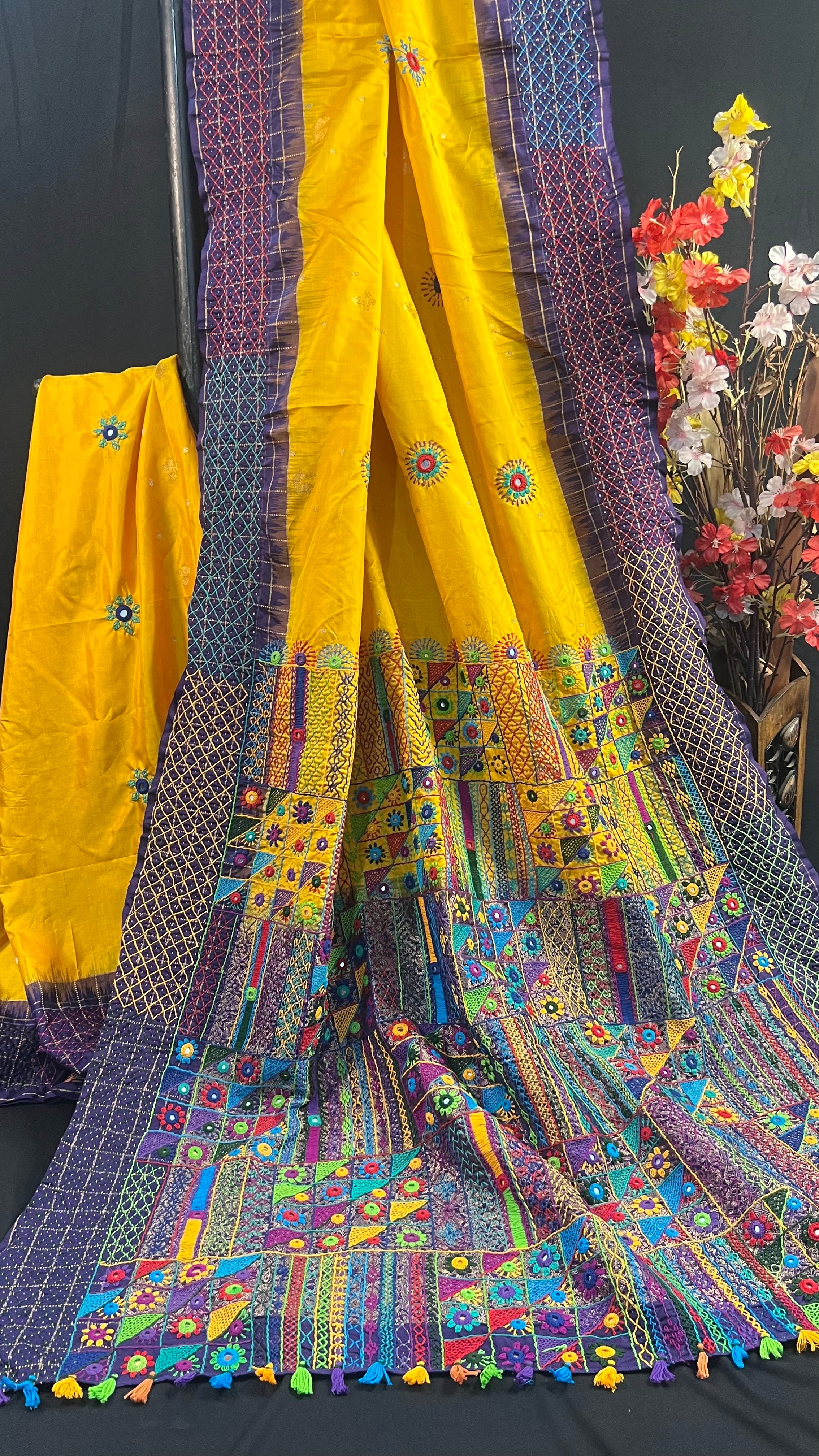 Mustard Yellow & Royal Purple Heavy Embroidered Saree Molakalmuru Silk Lambani Saree