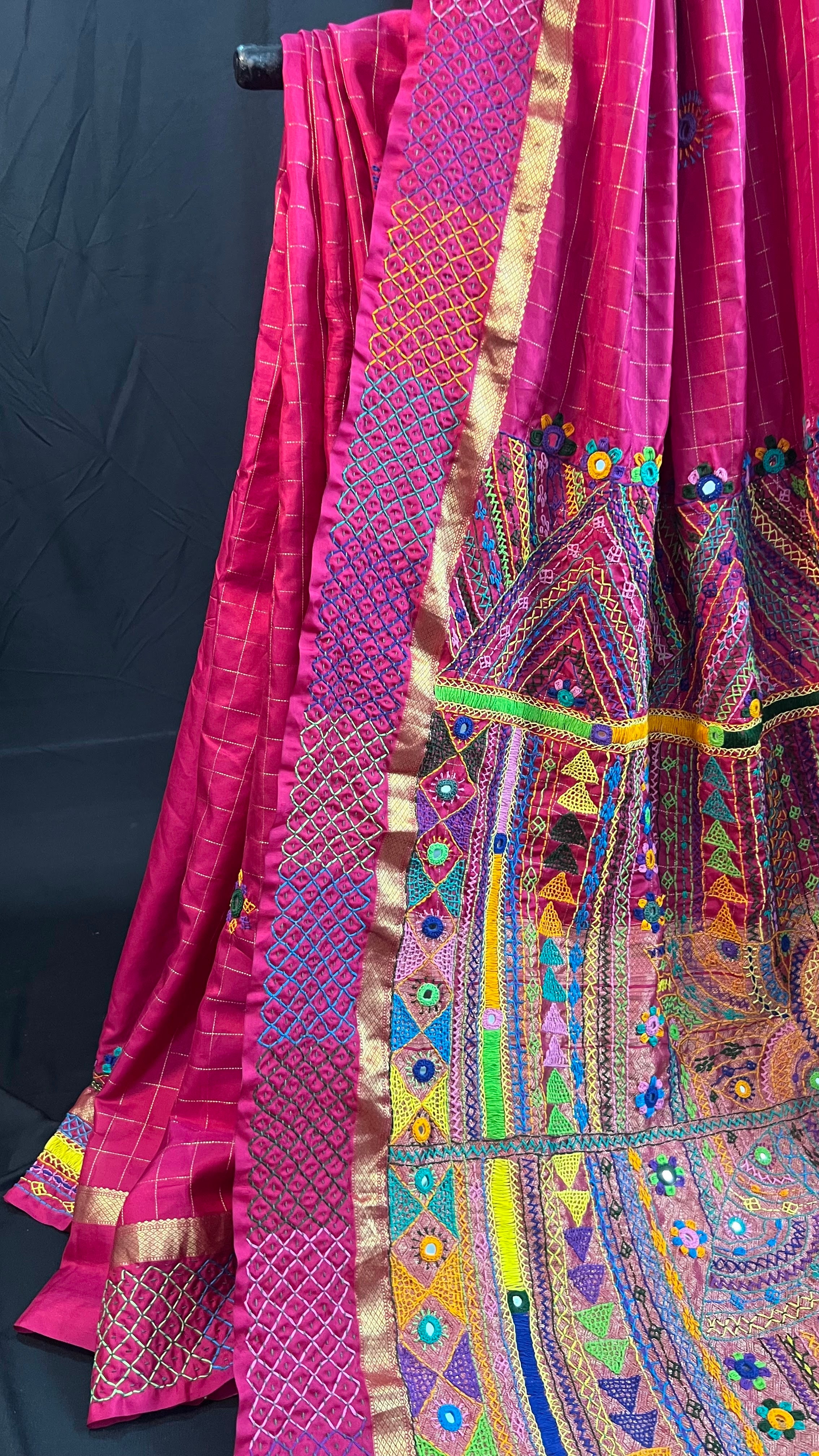 Rani Pink with Multicolor Embroidered Pallu Molakalmuru Silk Lambani Saree