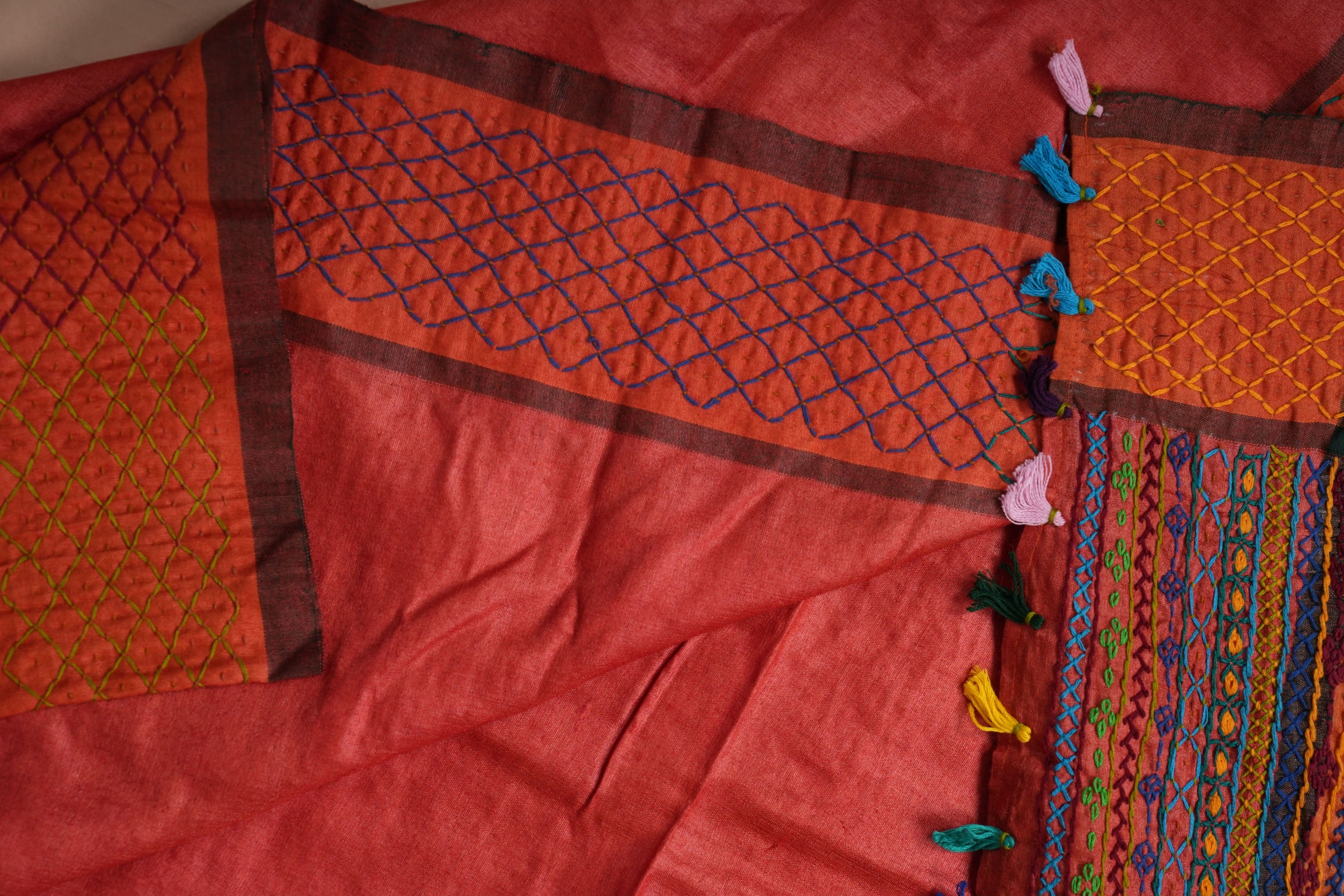 Rust Orange Tusser Silk Lambani Saree with Multicolor Embroidered Pallu