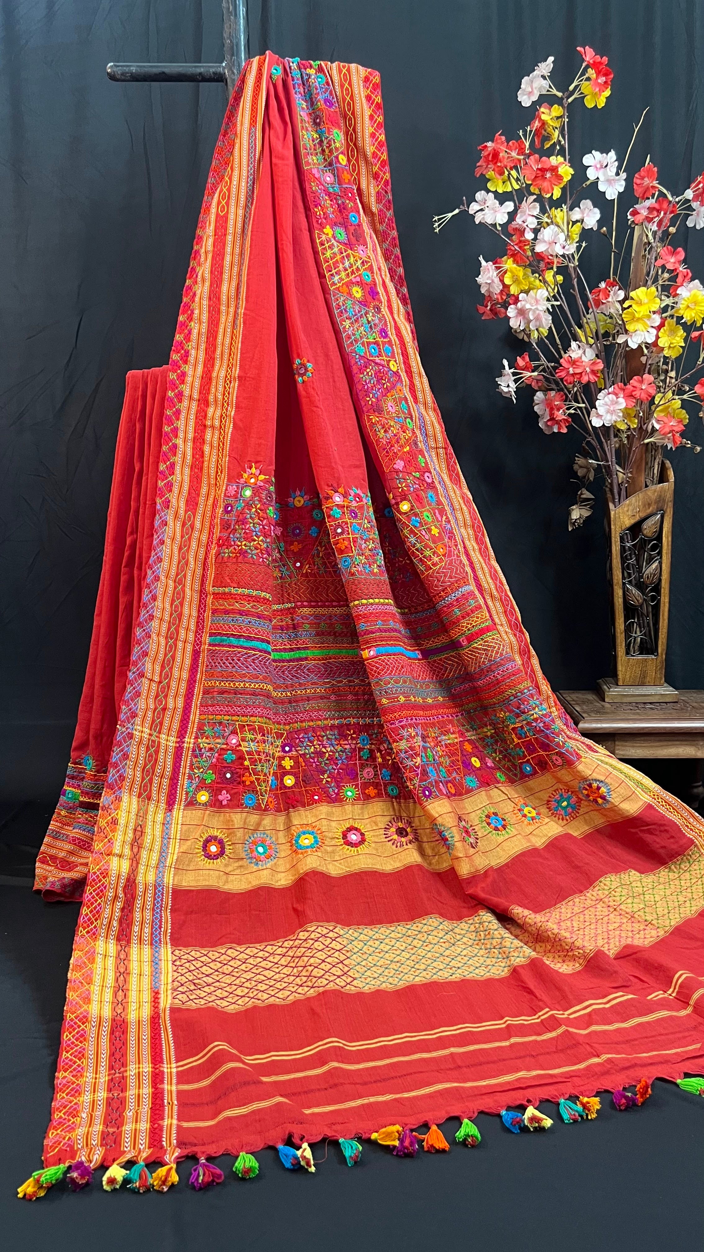 Rustic Maroon with Multicolor Hand Embroidered Border Ilkal Cotton Lambani Saree