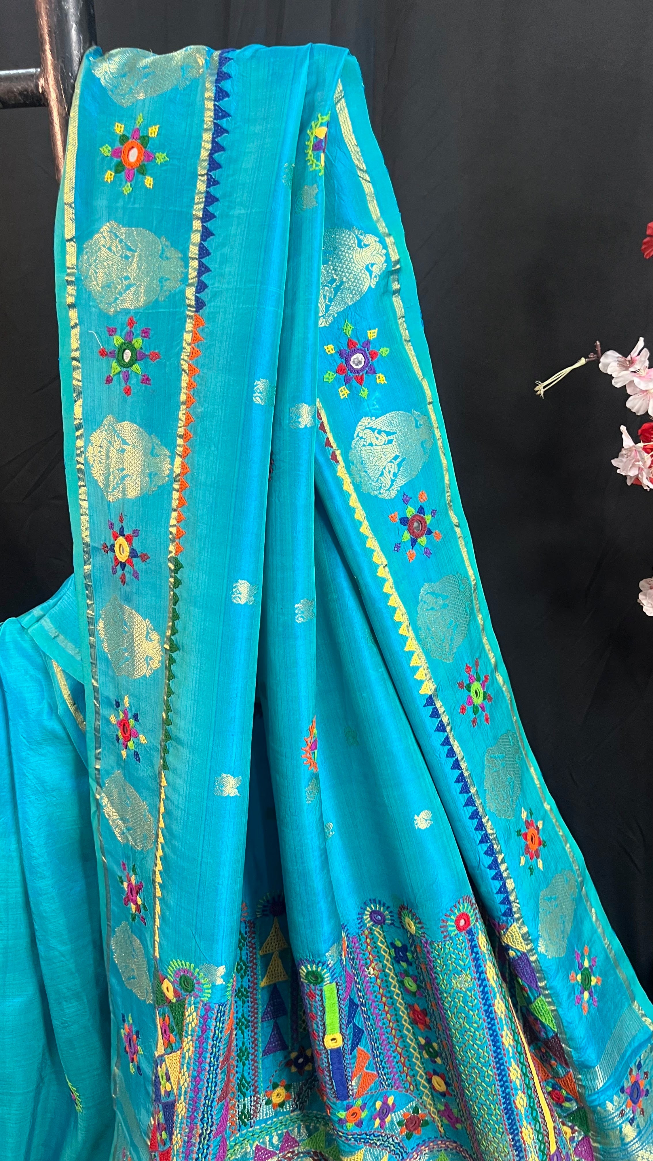 Sky Blue with Multicolor Embroidered Pallu Molakalmuru Silk Lambani Saree