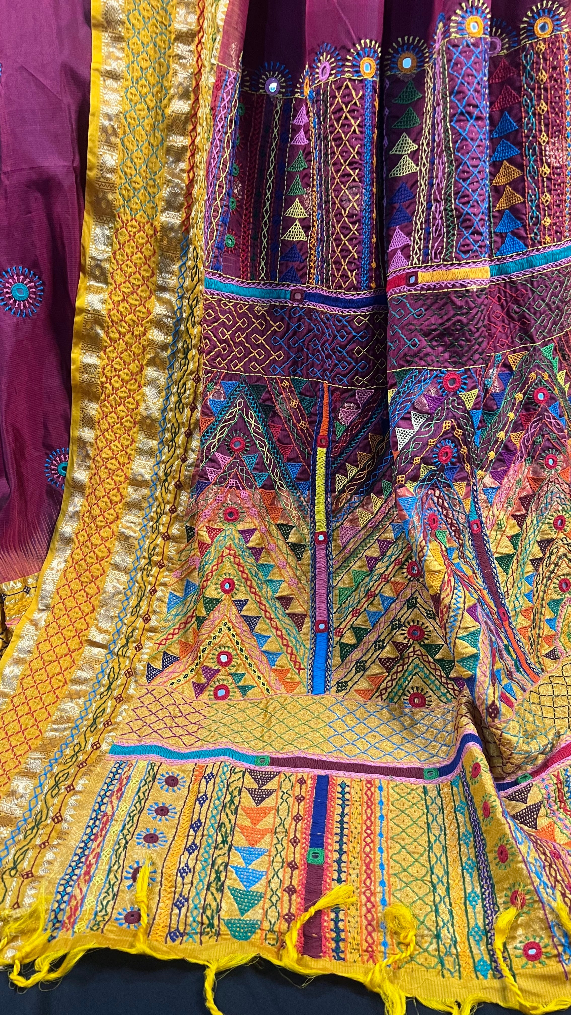 Wine Purple & Mustard Yellow Embroidered Saree Molakalmuru Silk Lambani Saree