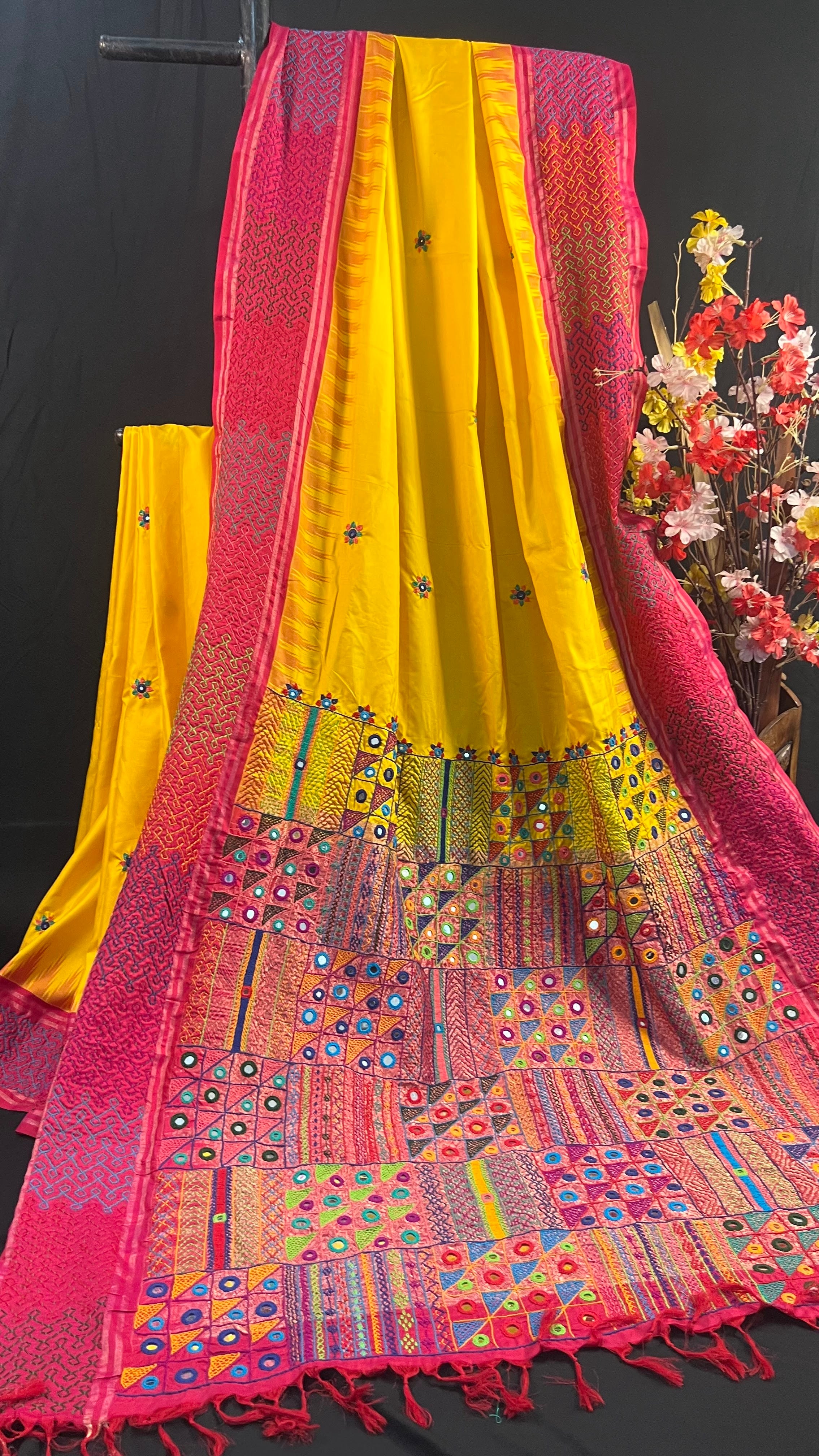 Bright Yellow & Rani Pink Heavy Embroidered Saree Molakalmuru Silk Lambani Saree