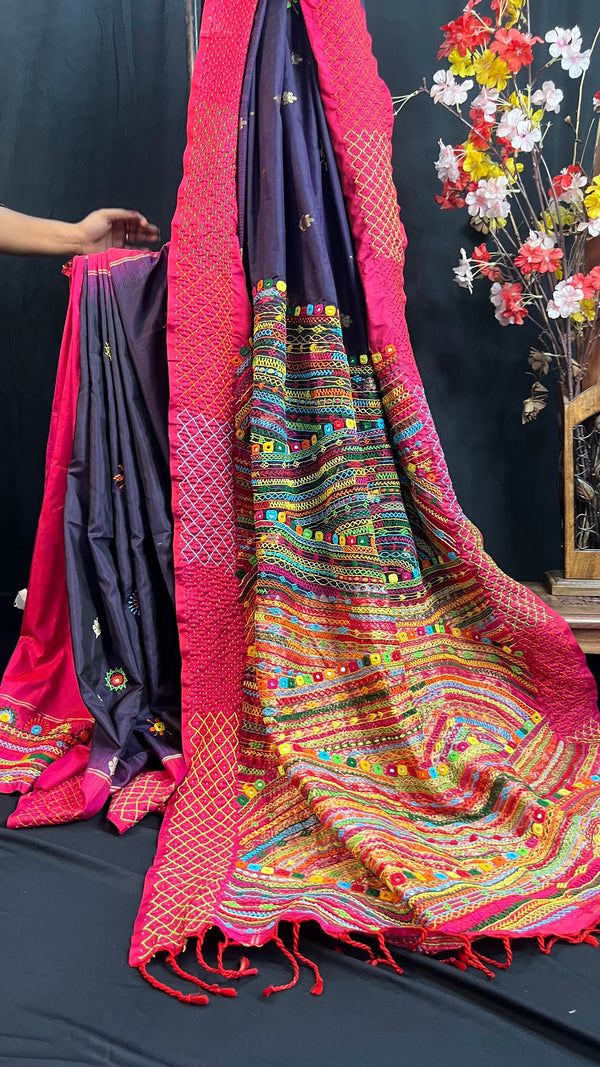 Deep Plum & Rani Pink Molakalmuru Silk Lambani Saree